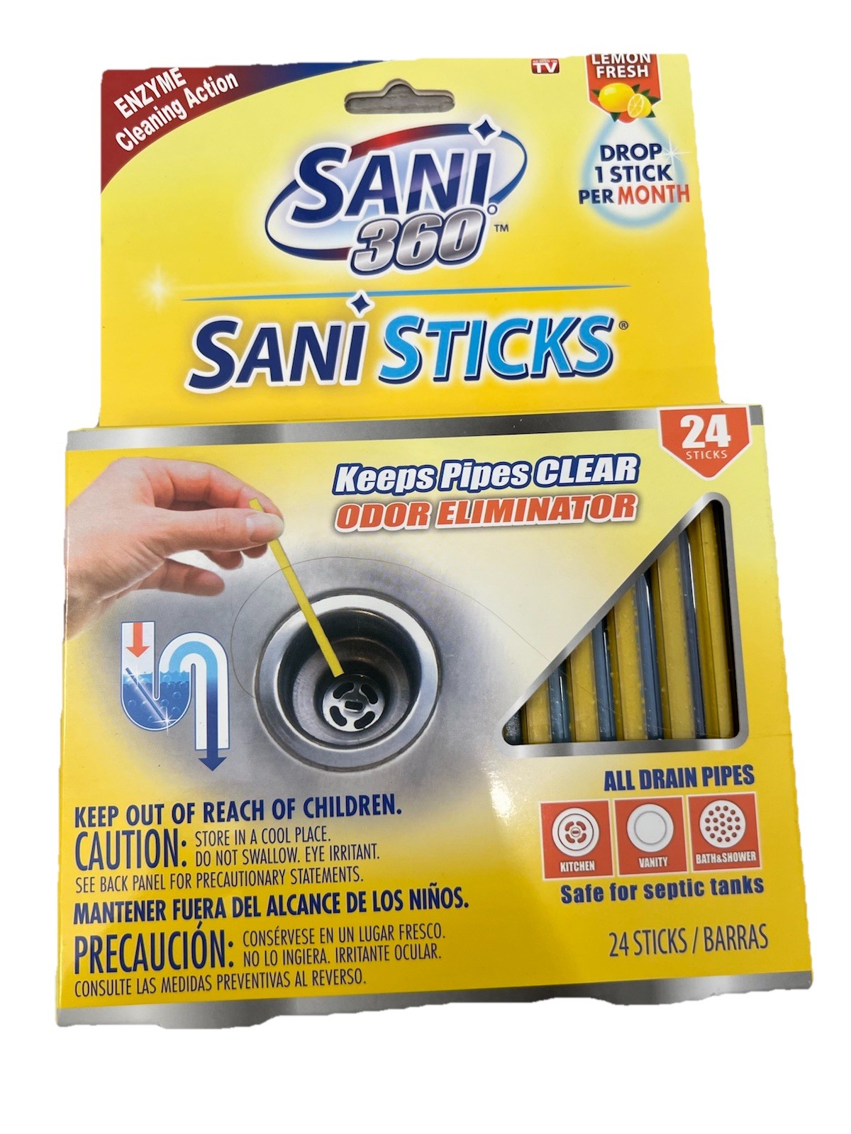 48 SANI 360° Sani Sticks Drain Cleaner and Sink Deodorizer Non-Toxic, Enzyme