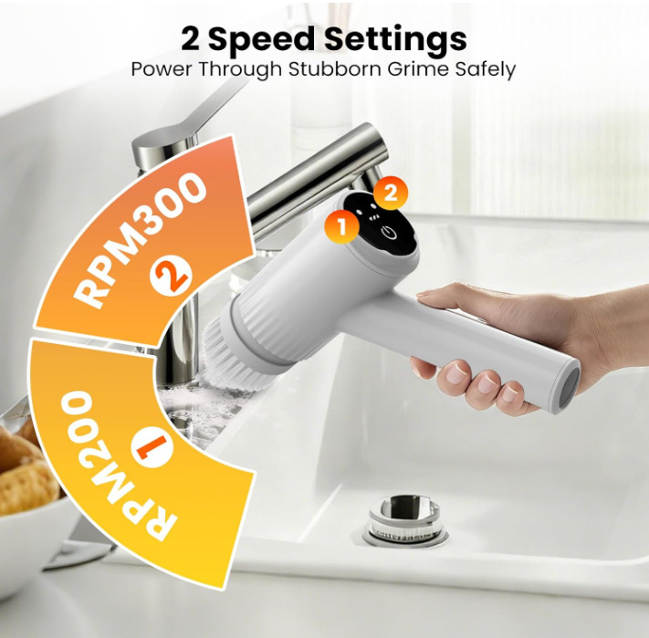 Cepillo Eléctrico Giratorio Inalámbrico con 6 Cabezales y Mango Extensible 47″