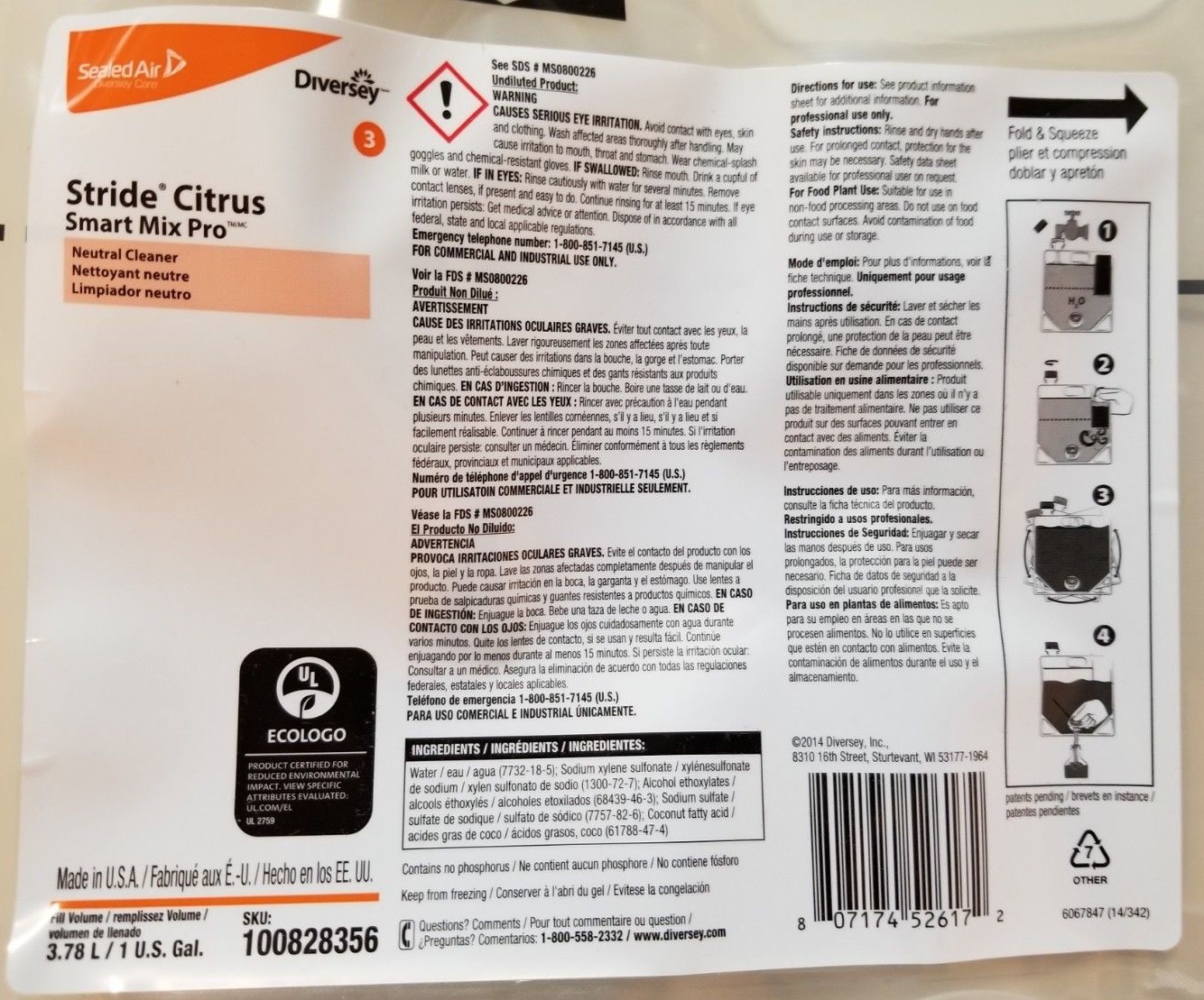 Diversey Stride Neutral Cleaner, Citrus Scent, Smart Mix Pro Bag, 2 Pack