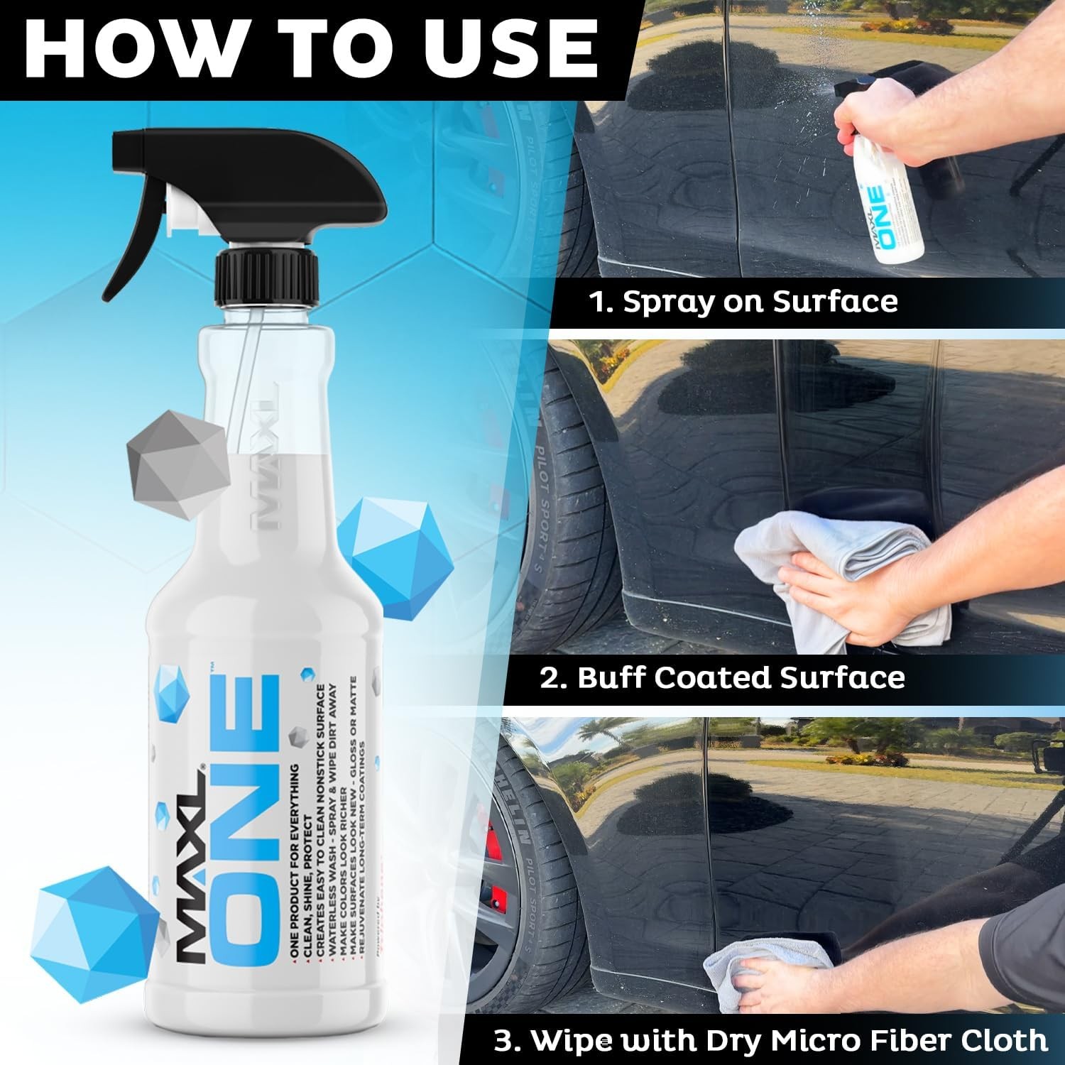 MAXLONE Car Spray Triphene® 20oz x3 + 6 Cloths | Clean, Shine, Protect All-In-1