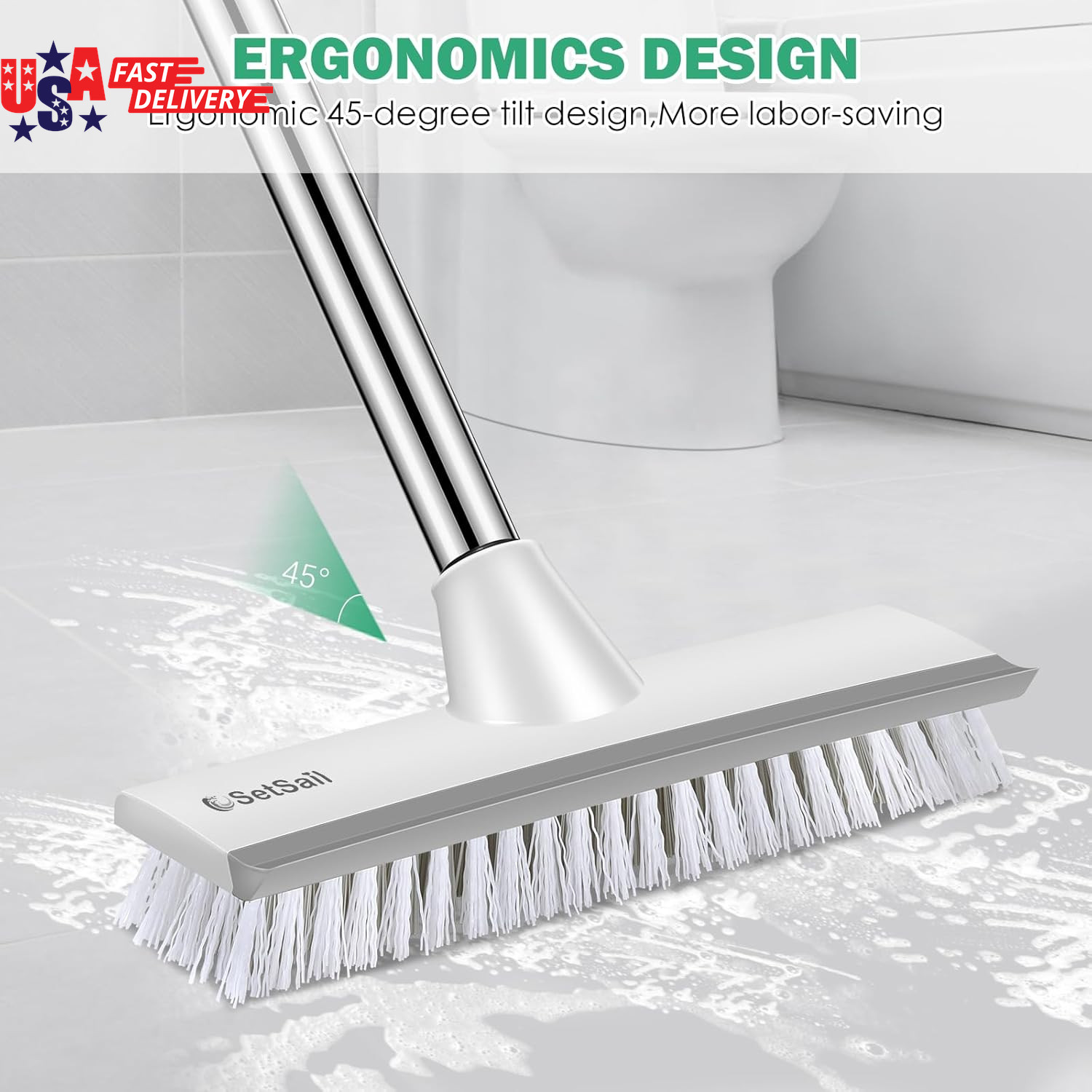 Floor Scrub Brush with 51-Inch Long Adjustable Handle 2 in 1 Scrape Brush Stiff
