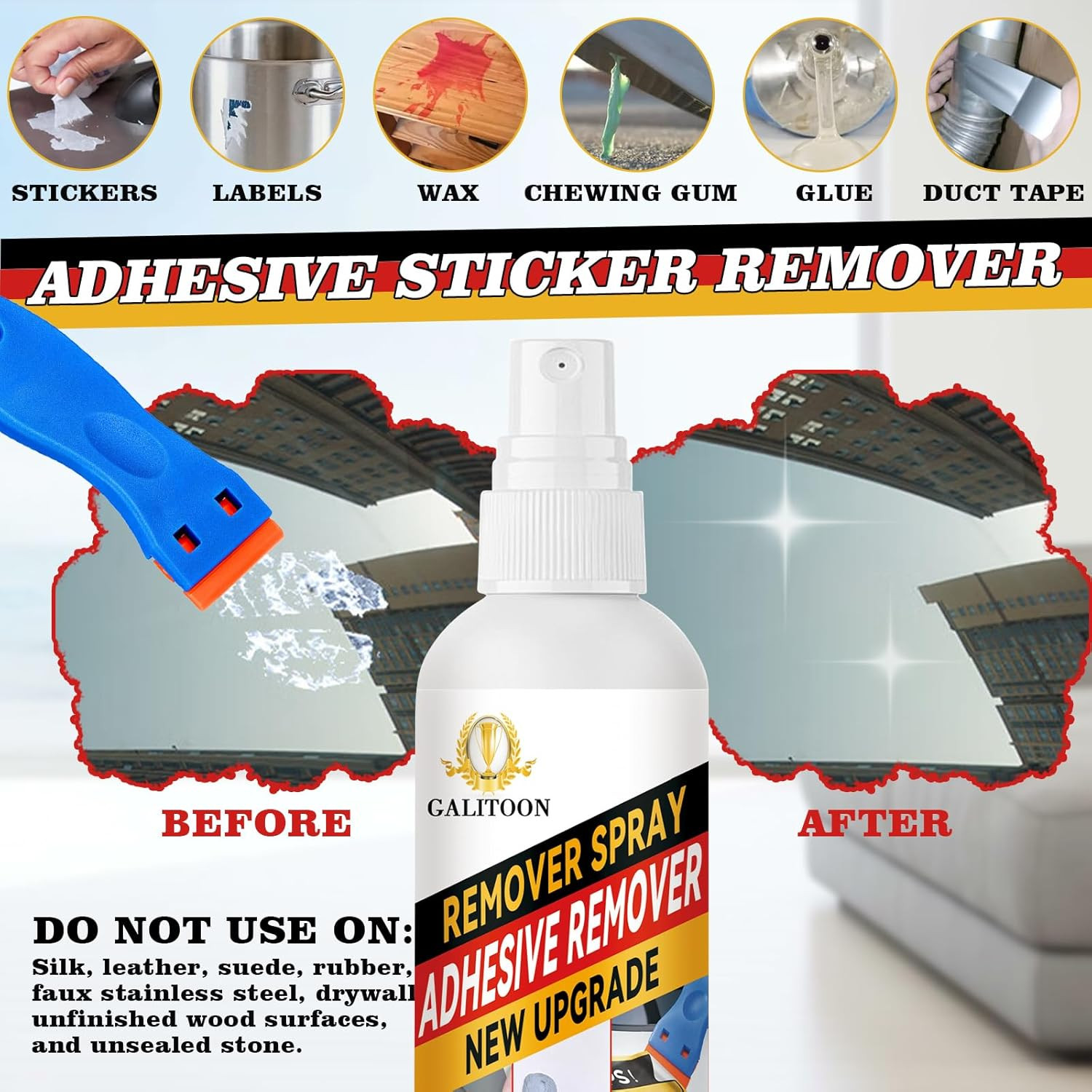 Adhesive Remover, Sticker Remover Spray with Plastic Scraper and Cleaning Cloth,