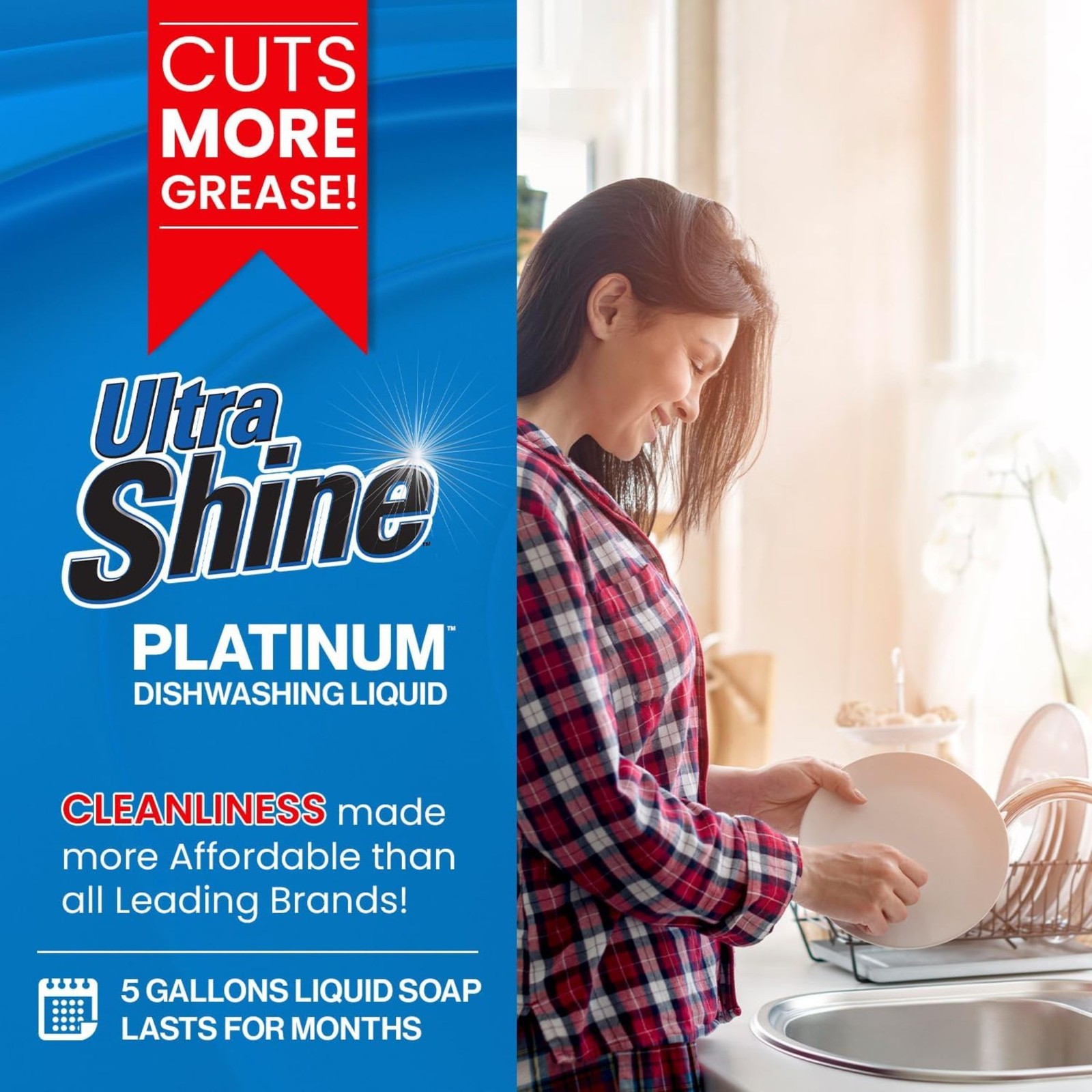 Ultra Shine™ 3X Platinum™ Dishwashing Liquid – Grease Remover, 5 Gallon, Blue