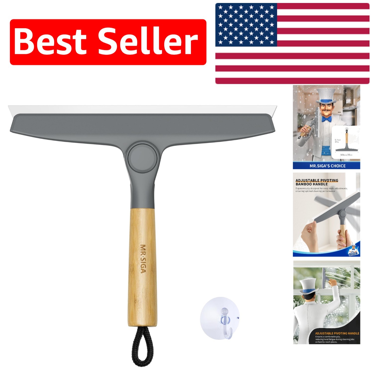 Modern Shower Squeegee with Bamboo Handle – Streak-Free, Suction Hook Included