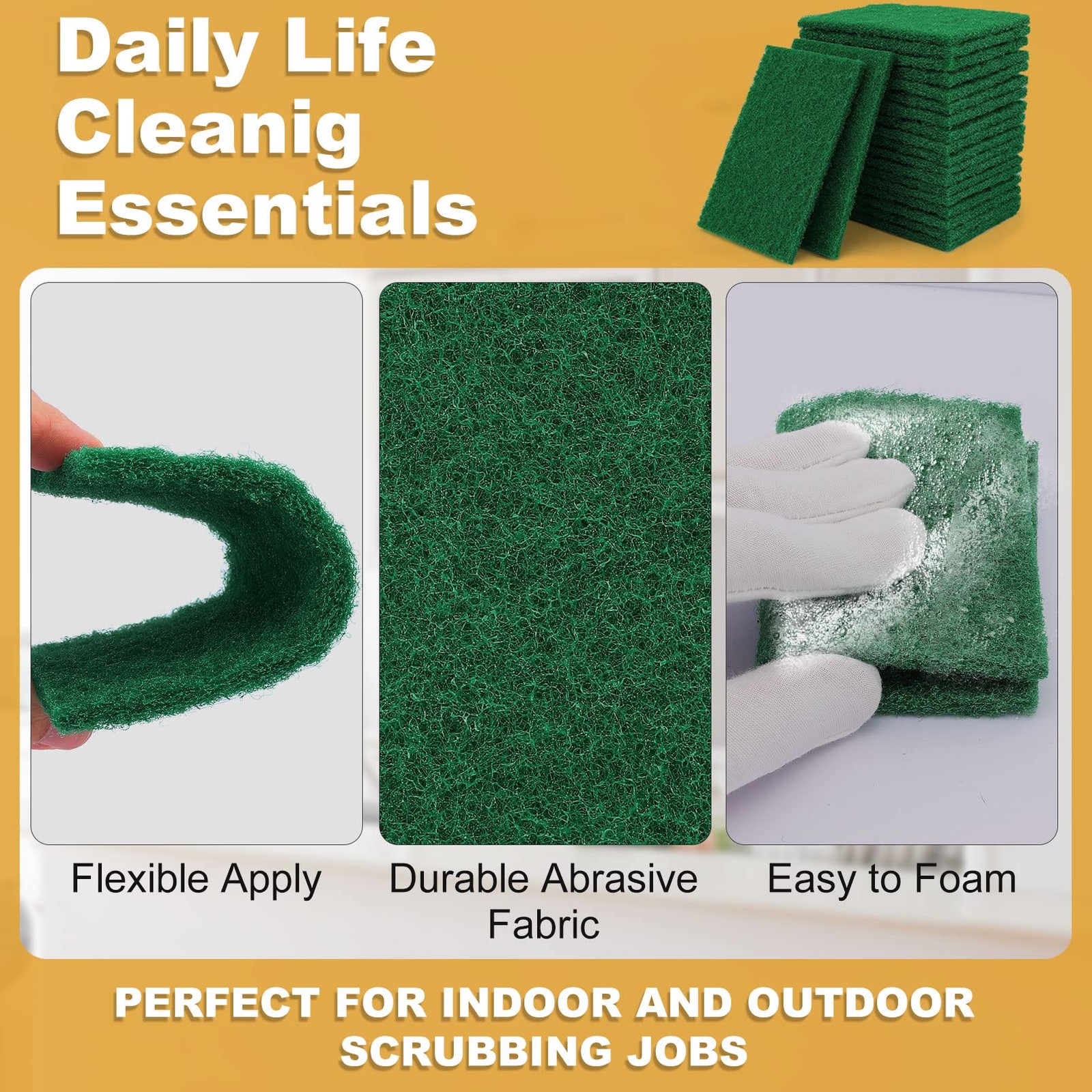 50 PCS Heavy Duty Scouring Pads, 4 x 5.95 inch, Green, Reusable, Non-Scratch