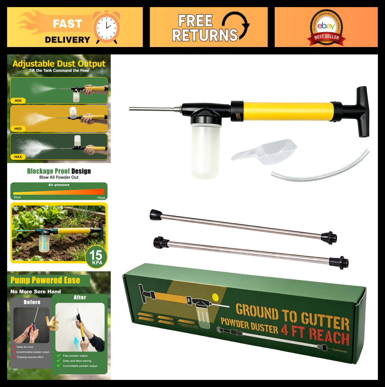 Diatomaceous Earth Powder Duster – Adjustable 4FT Applicator, Dust Sprayer & Dis