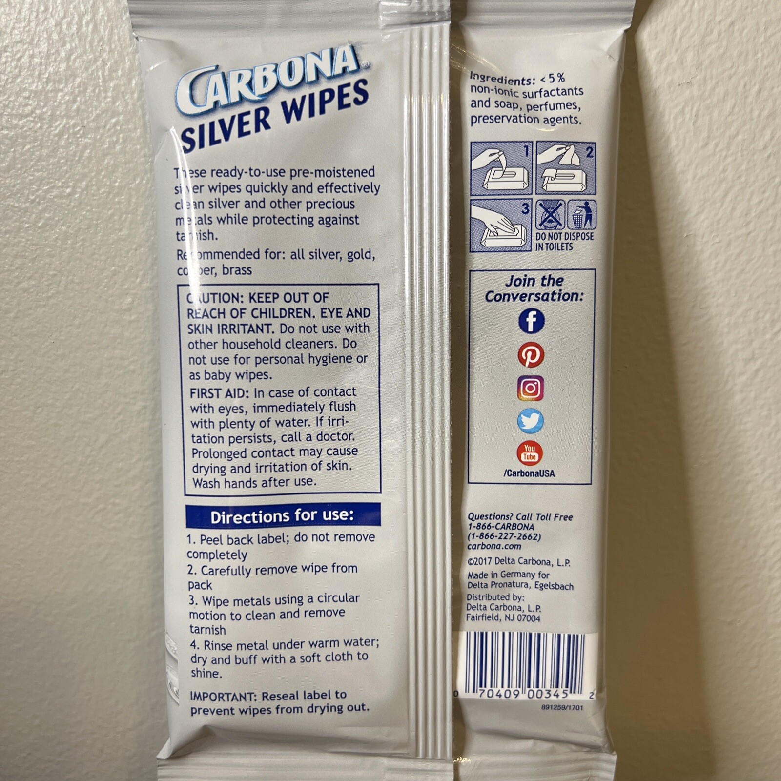 Carbona Silver Wipes Metal Cleaner Polish Tarnish Brass Gold Copper 12 Count