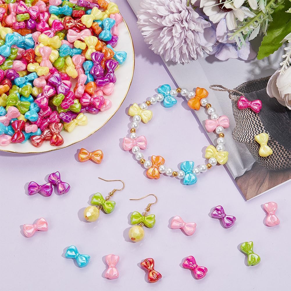 200Pcs Bowknot Beads Acrylic Bow Bead Bulk Colorful Pink Blue Green Opaque Butte