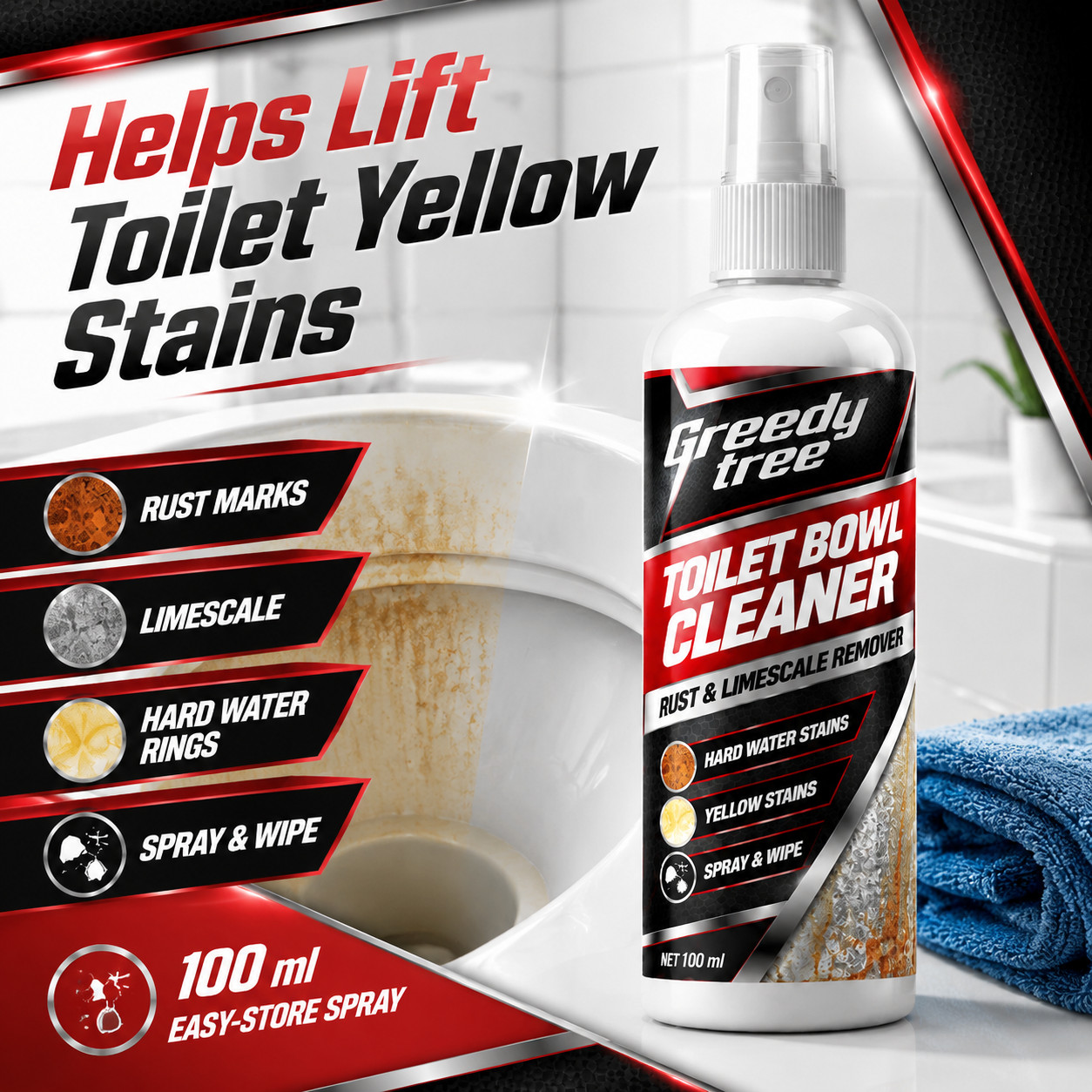 Yellow Toilet Stain Remover Spray with Towel for Easy Wipe Cleaning