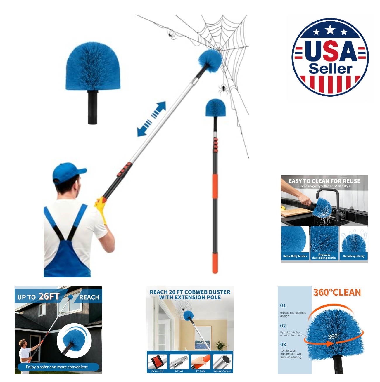 Cobweb Duster Extendable Pole 26FT Reach Telescoping Aluminum Lightweight 360