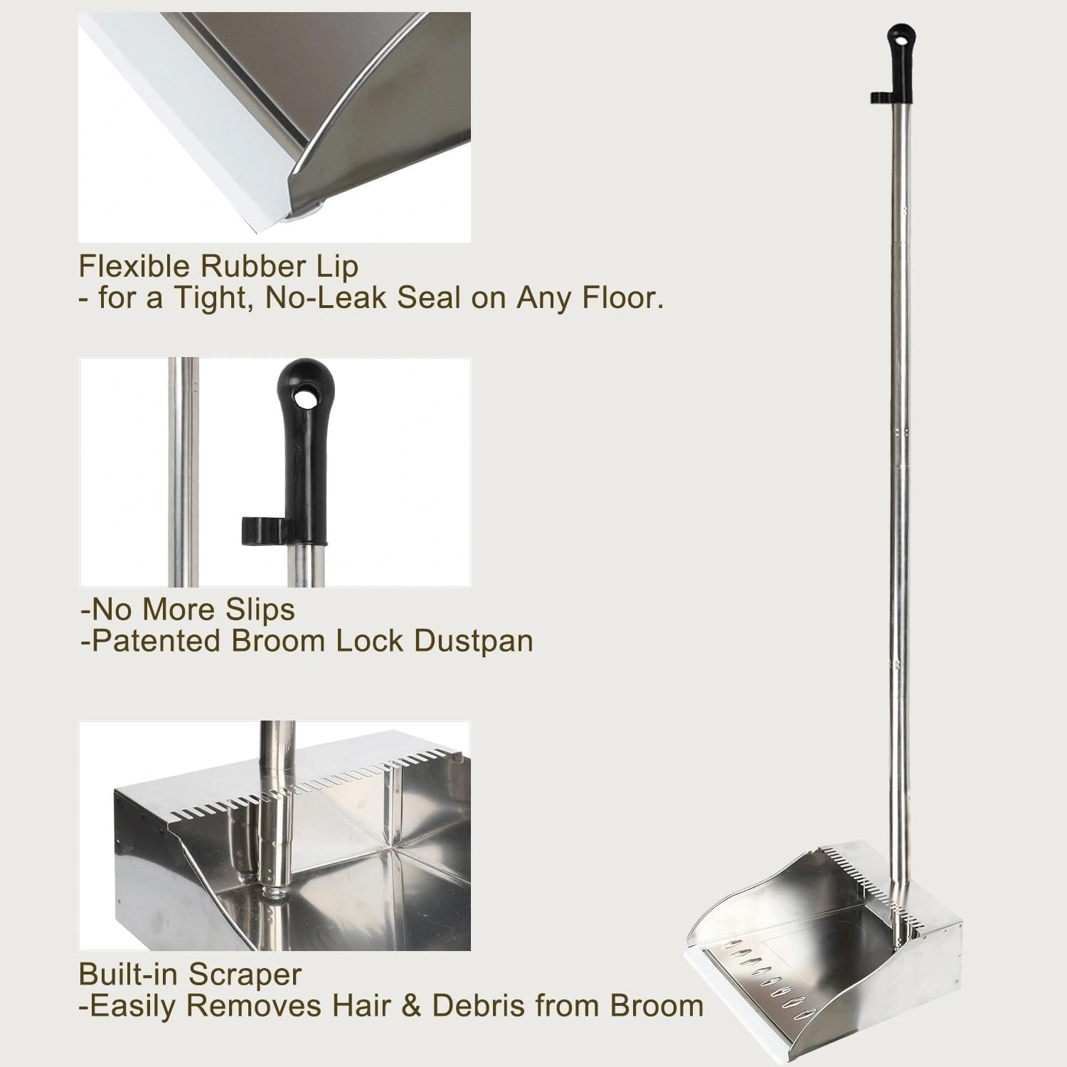 Metal Dustpan Long Handle Stainl Steel Dustpan, Heavy Duty Standing
