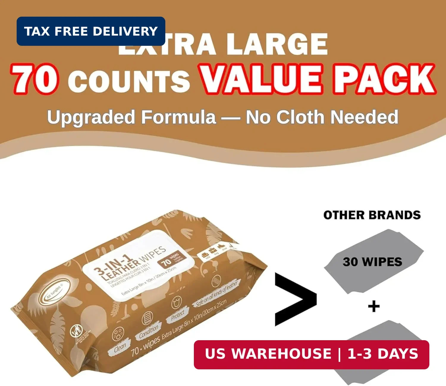Air Jungles 3in1 Leather Cleaner Wipes 70 Count, Extra Large 8″ x 10″ Size, Clea