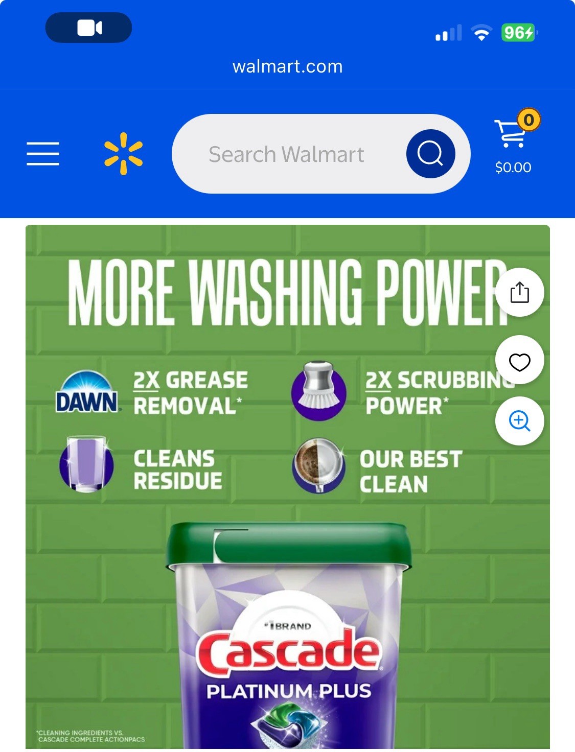 Cascade Platinum Dishwasher Pods 45 Pacs Lemon Scent