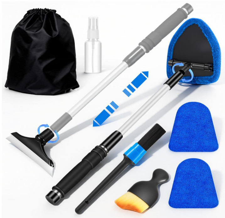 Windshield Cleaner Tool, Car Interior Cleaning Kit with Extendable Handle and 3