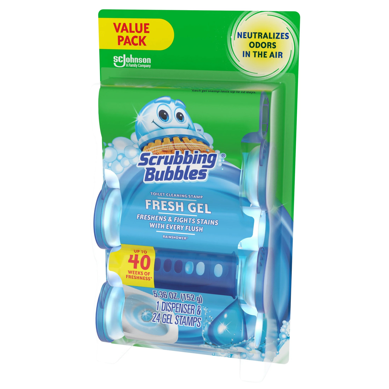Bubbles Fresh Gel Toilet Cleaning Stamp, Rain Shower, Dispenser with 4 Refills