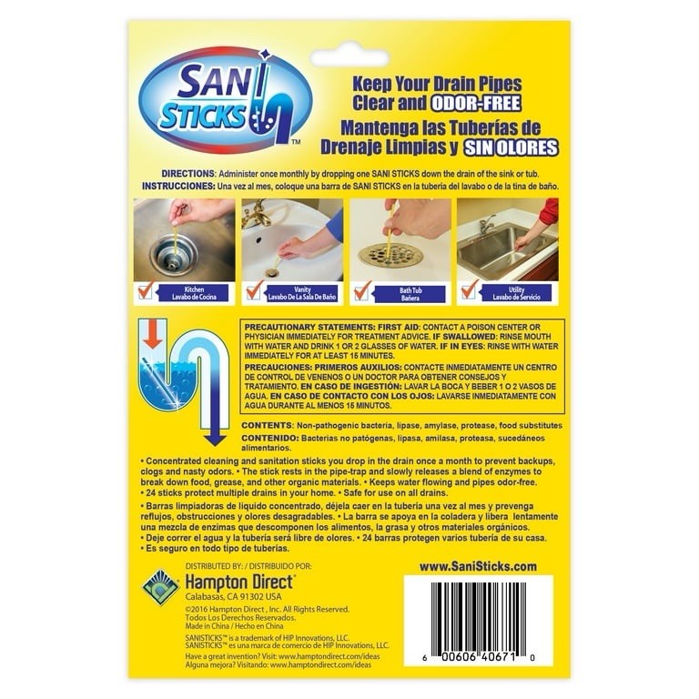 Sani-Max Drain Sticks 24 Count, Lemon Scents, Stop Clogs And Smelly Sinks
