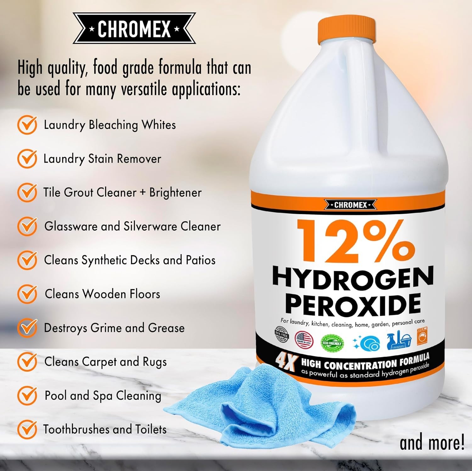 Hydrogen Peroxide 12% Food Grade, 4X Power Concentrated Solution – 4 Gallons
