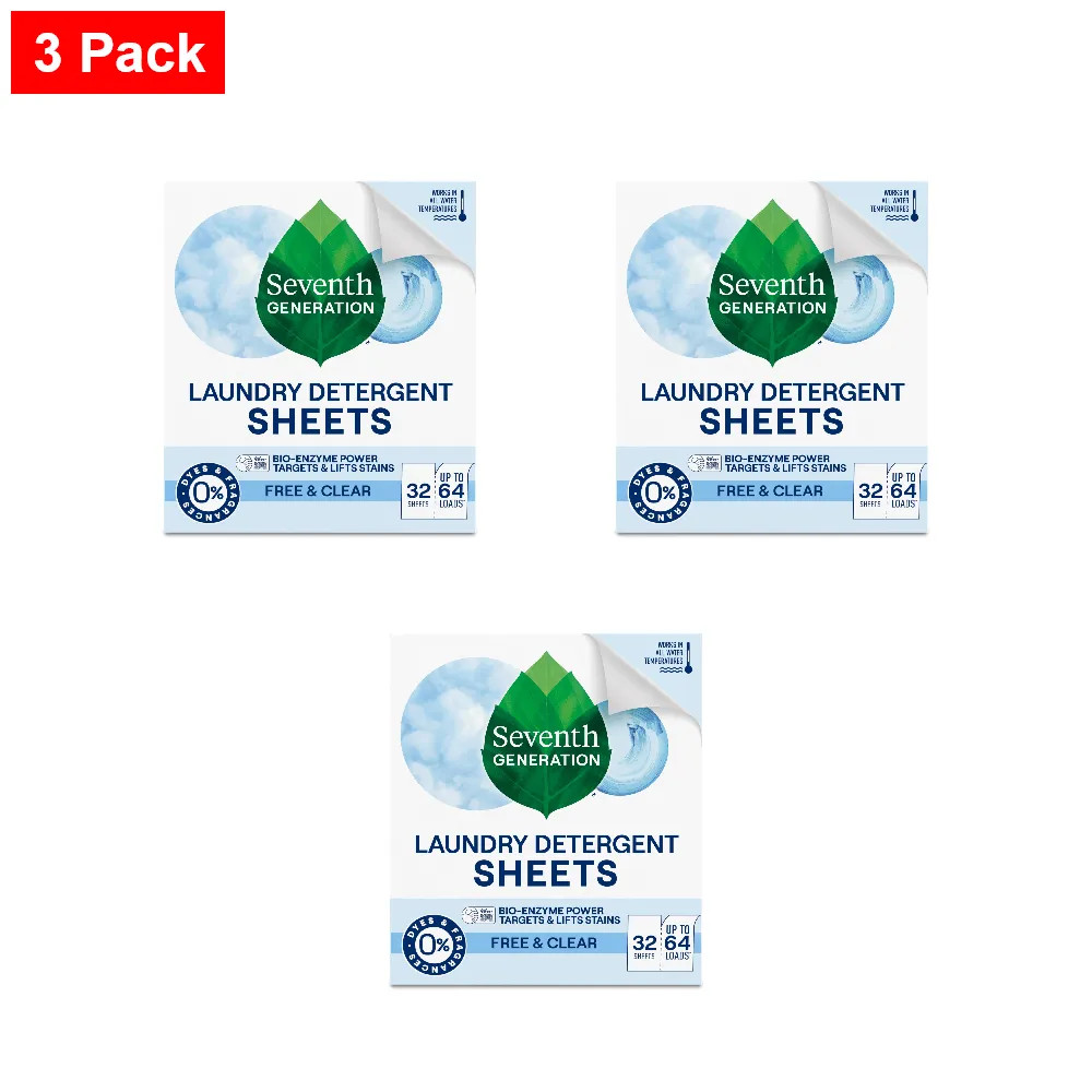 Seventh Generation Laundry Detergent Sheets 32Ct Free & Clear – 3 Pack