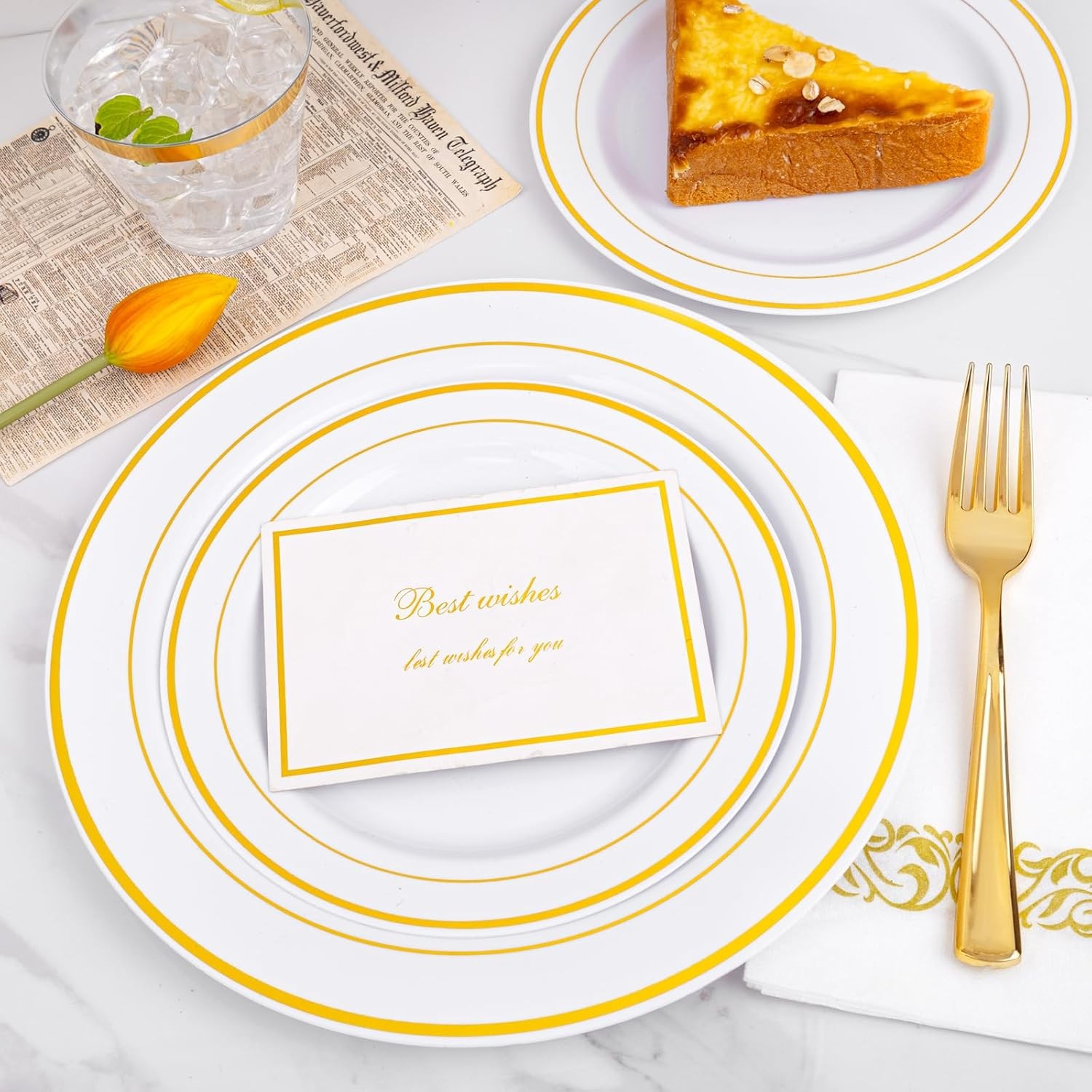I00000 350Pcs Gold Dinnerware Set for 50 Guests, Gold Plastic Plates for Party