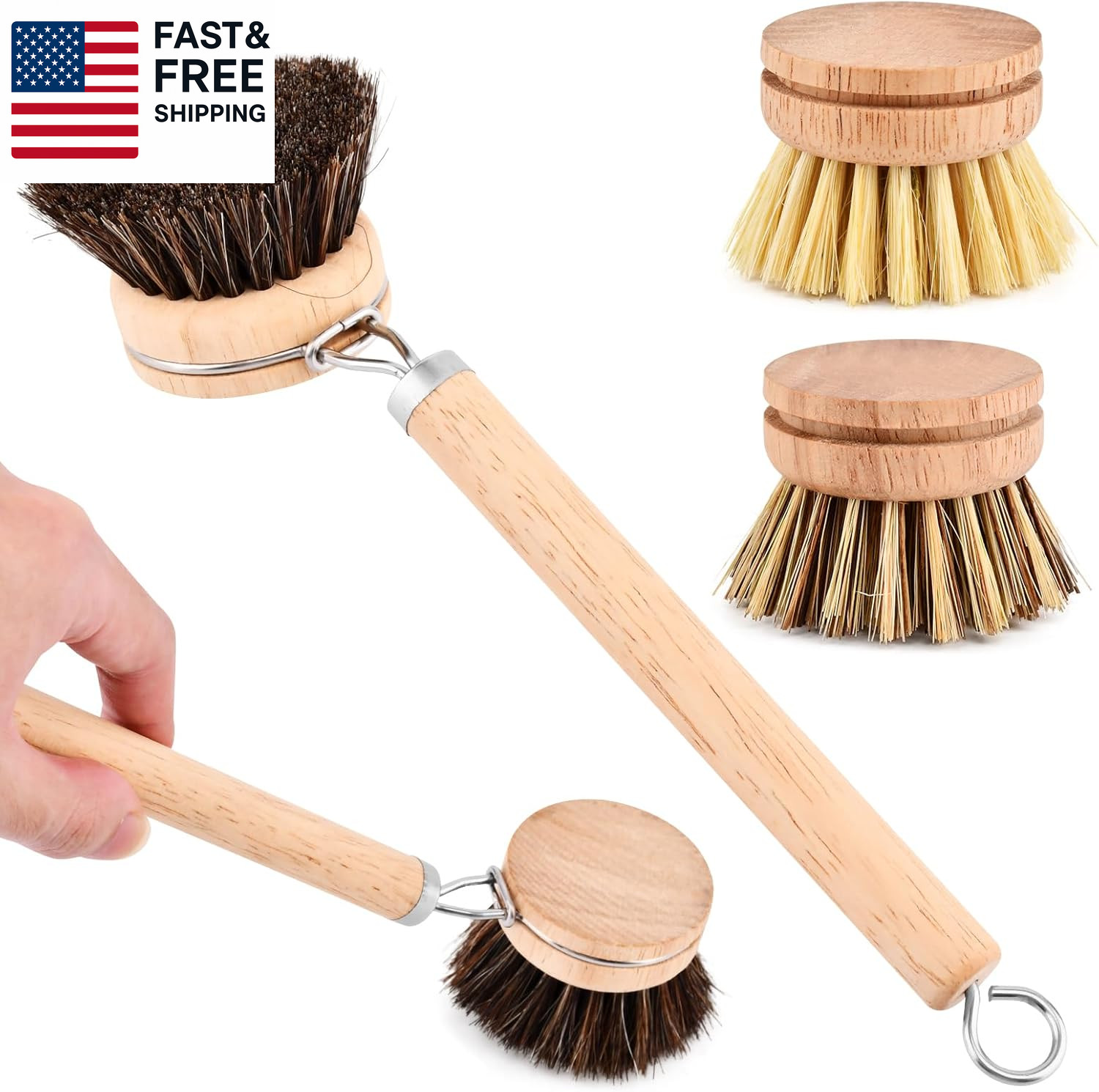 Bamboo Dish Brush Set, 1 Wooden Handle with 3 Natural Bristle Heads All Purpos