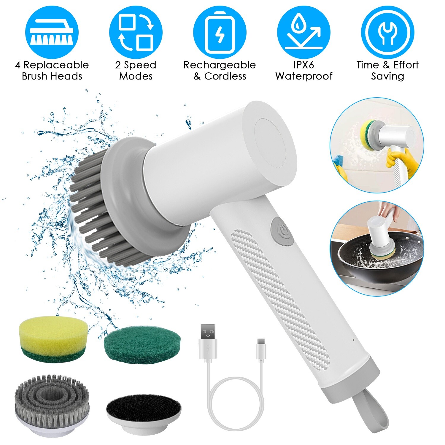 Electric Spin Scrubber Cordless Bath Tub Power Scrubber with Handle & 4 Heads