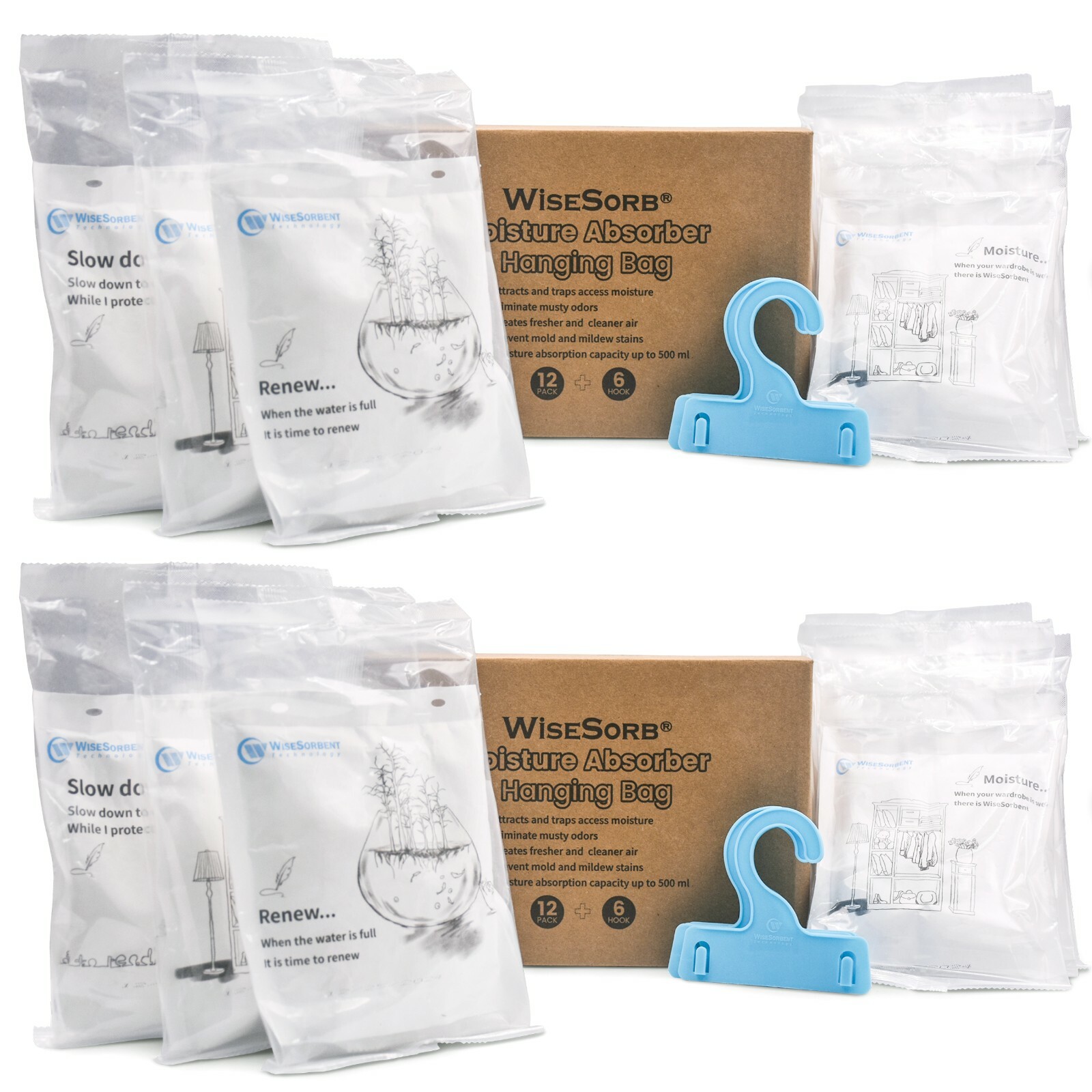 Wisesorb Moisture Absorber Refill Hanging Bags 24 Pack (7 oz. ea.) 12 psc Hooks
