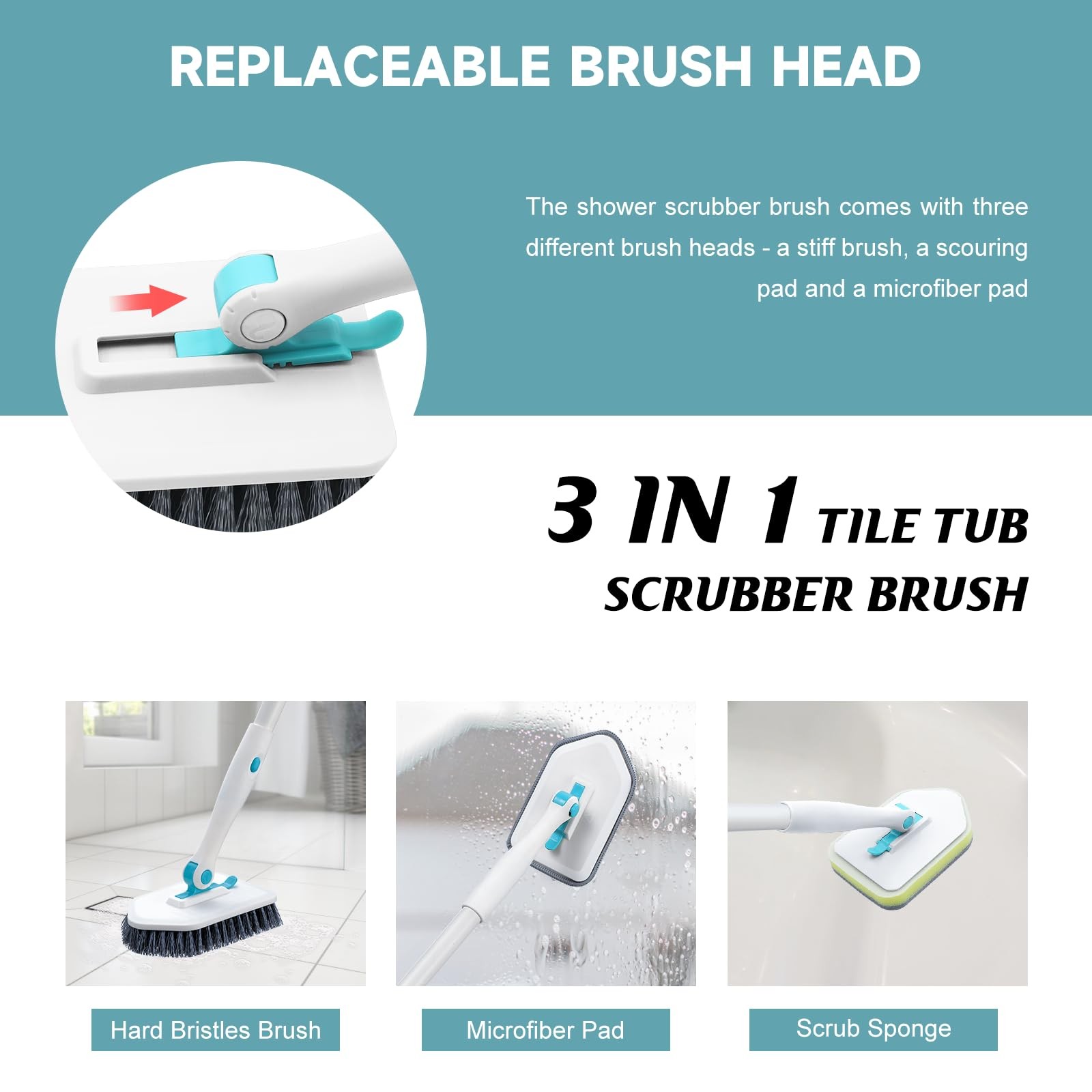 Shower Scrubber with Long Handle, 3 in 1 Tile Tub Scrubber Brush with 3 Detac…
