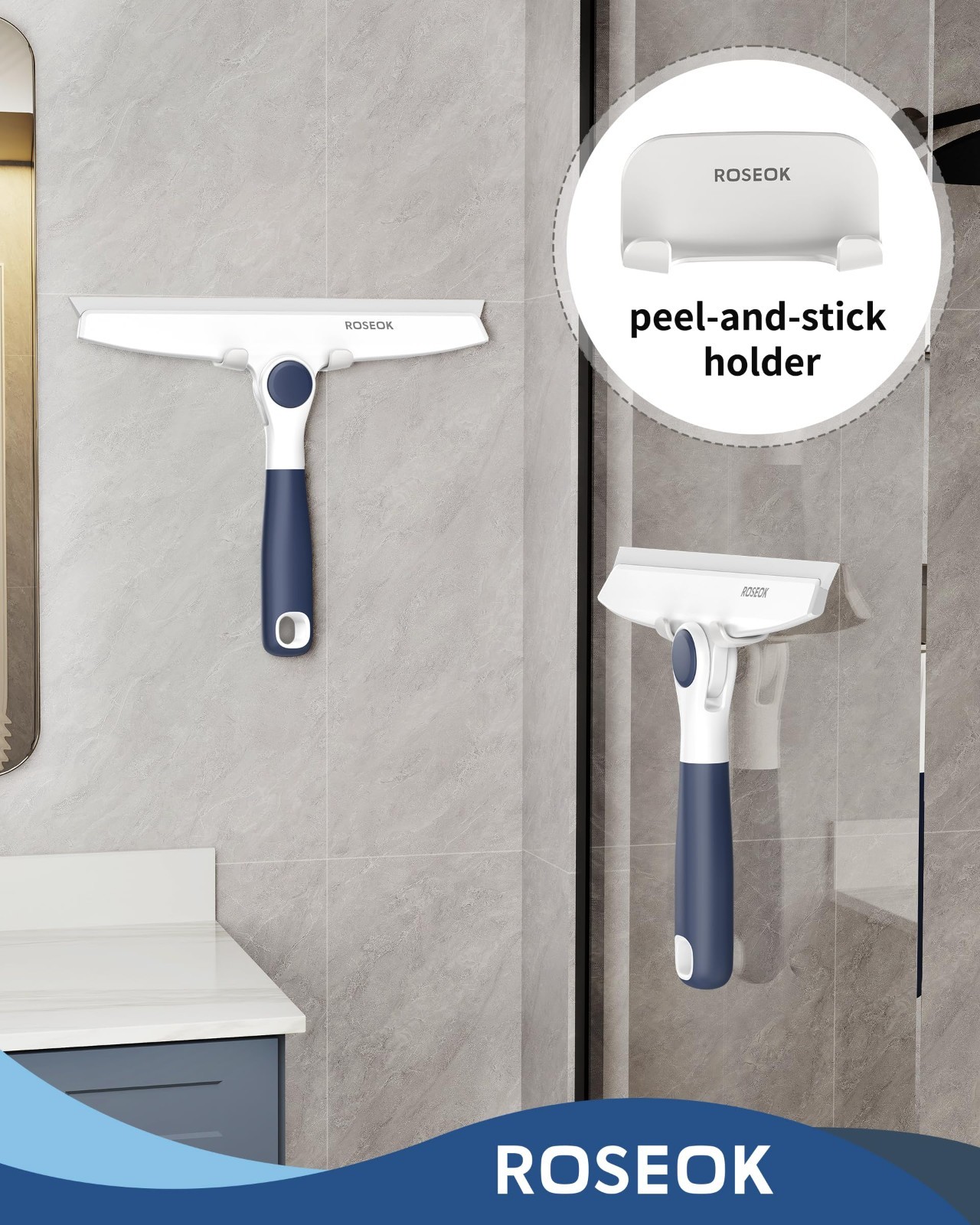 10-Inch Silicone Shower Squeegee with Pivoting Head & Adhesive Hook – Navy Blue