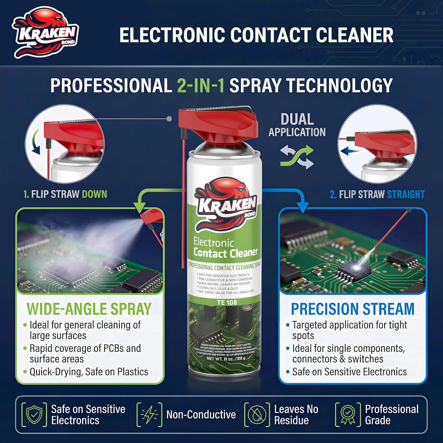 KRAKEN BOND Electronic Contact Cleaner Spray – (12X11 Oz) – Fast-Drying, Residue
