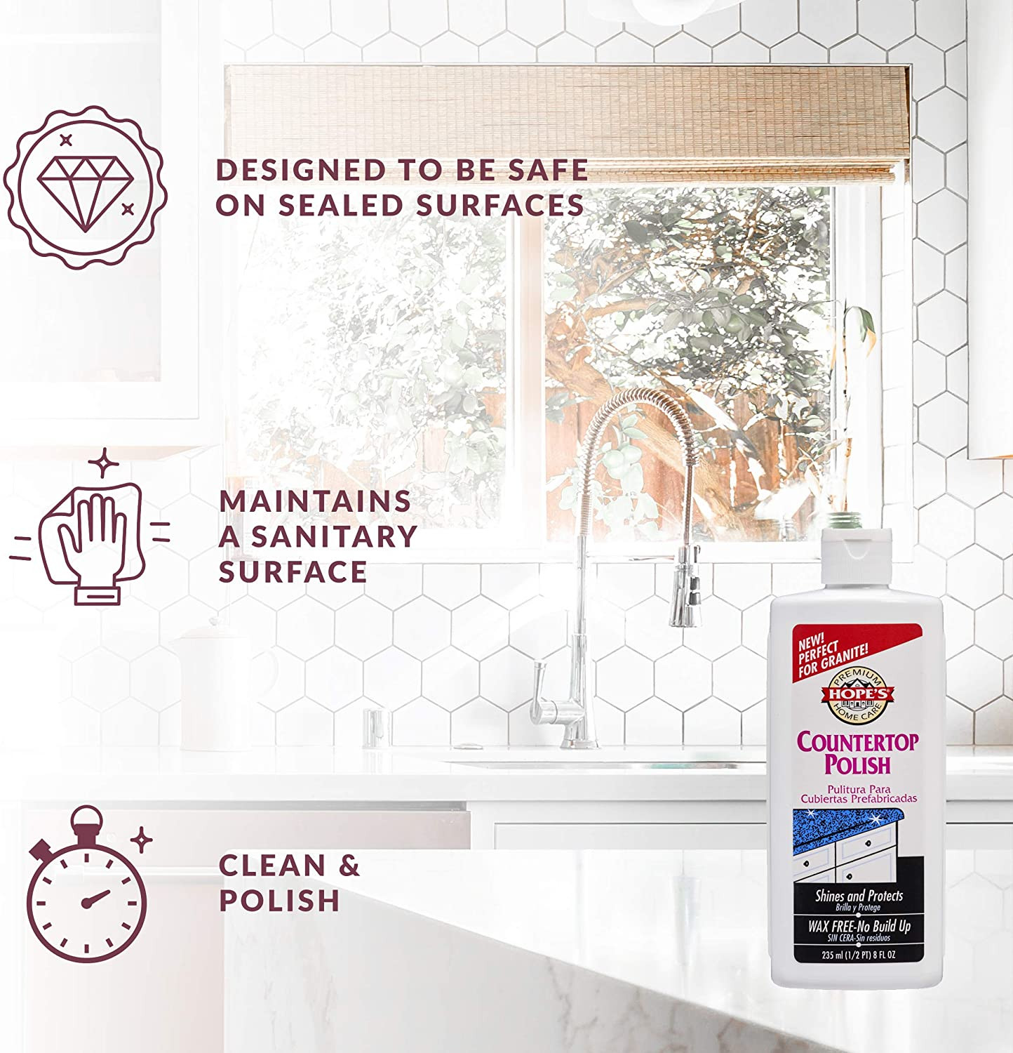 HOPE’S Countertop Restoration Polish – Shines and Protects with No Build-Up – St