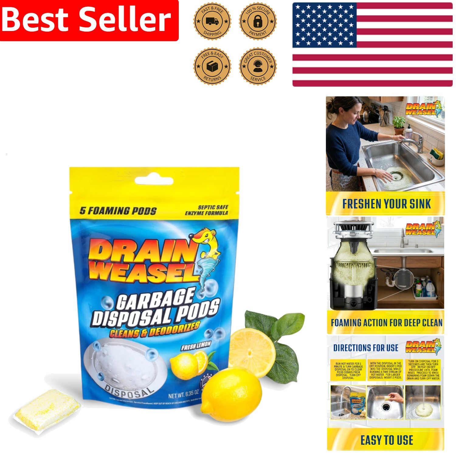 Garbage Disposal Pods Powerful Cleaner Deodorizer Fresh Lemon Enzyme 5 Pack
