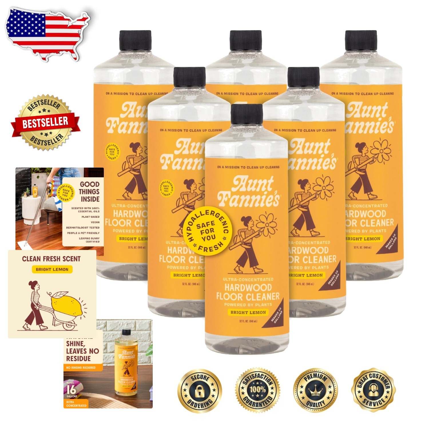 Ultra Concentrated Hardwood Floor Cleaner 6pk – Plant Based, Lemon Scent, 32oz