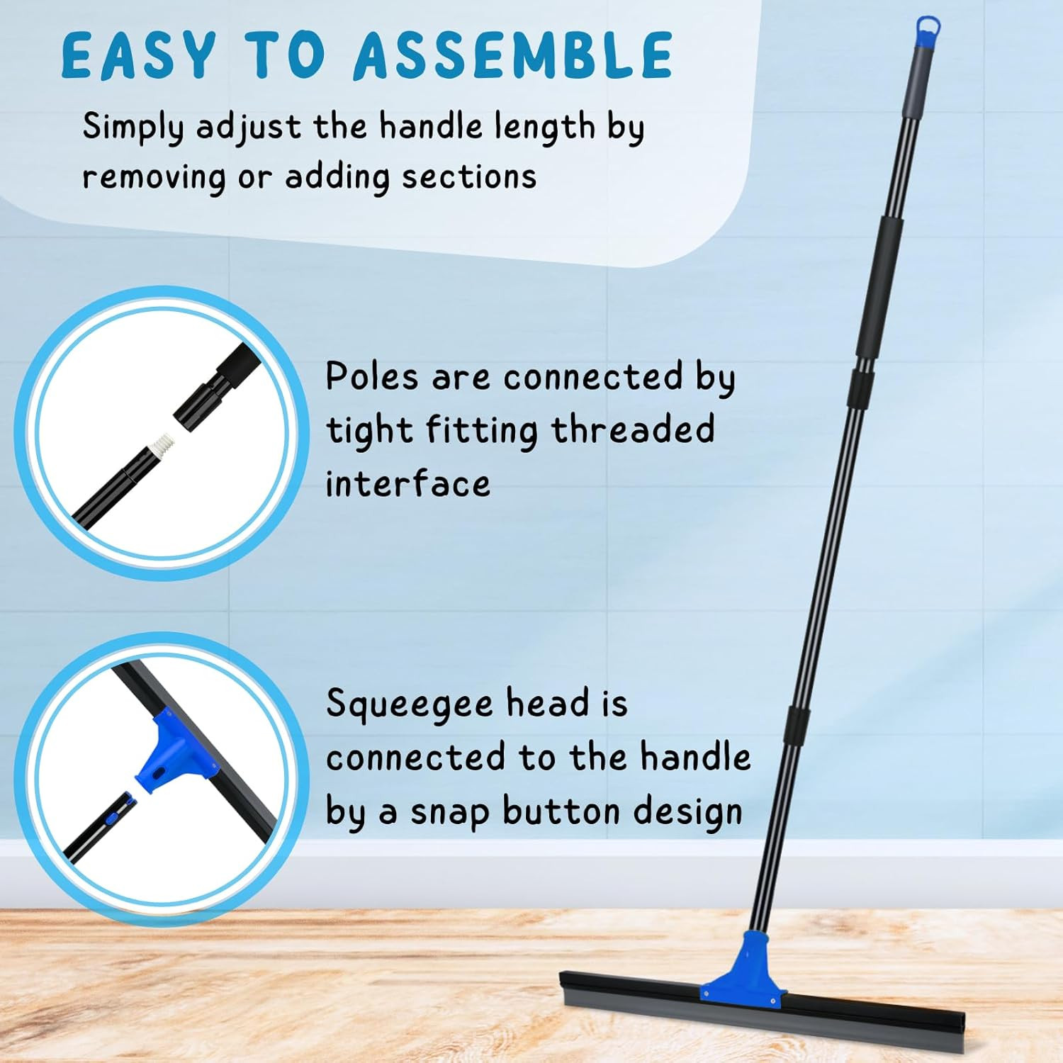Floor Squeegee for Concrete and Tile Cleaning, 24” Rubber Wiper Broom, Large He