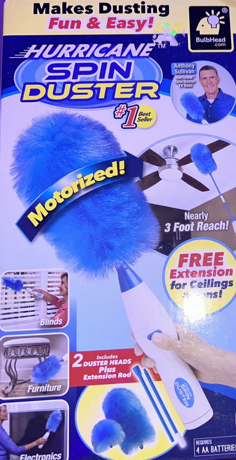 Hurricane Spin Duster Motorized Dust Wand w/ 3ft Extension For Ceiling Fans NEW