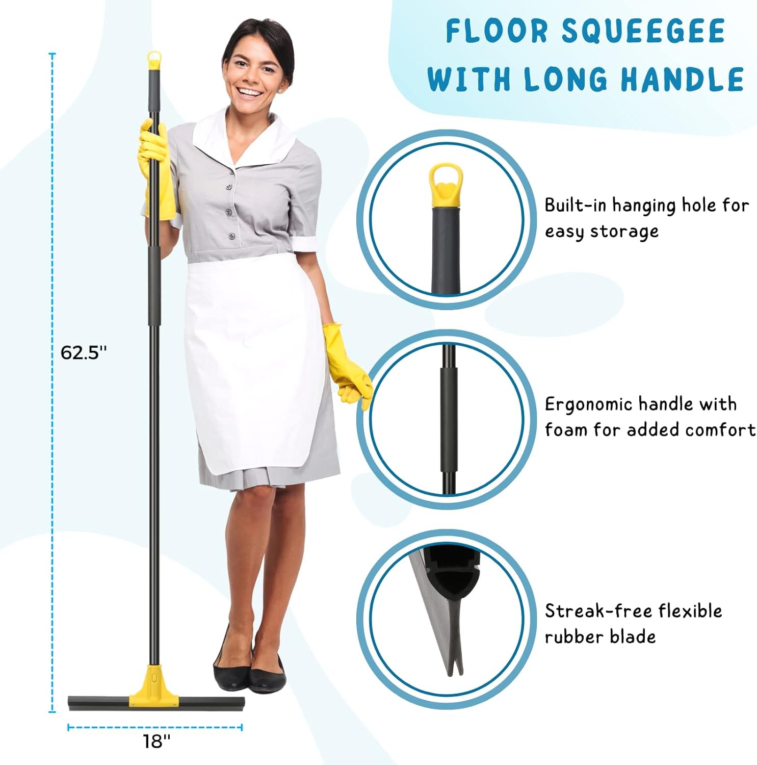 Squeegee Broom for Floor, 18” Heavy Duty Rubber Wiper with 60” Long Handle for