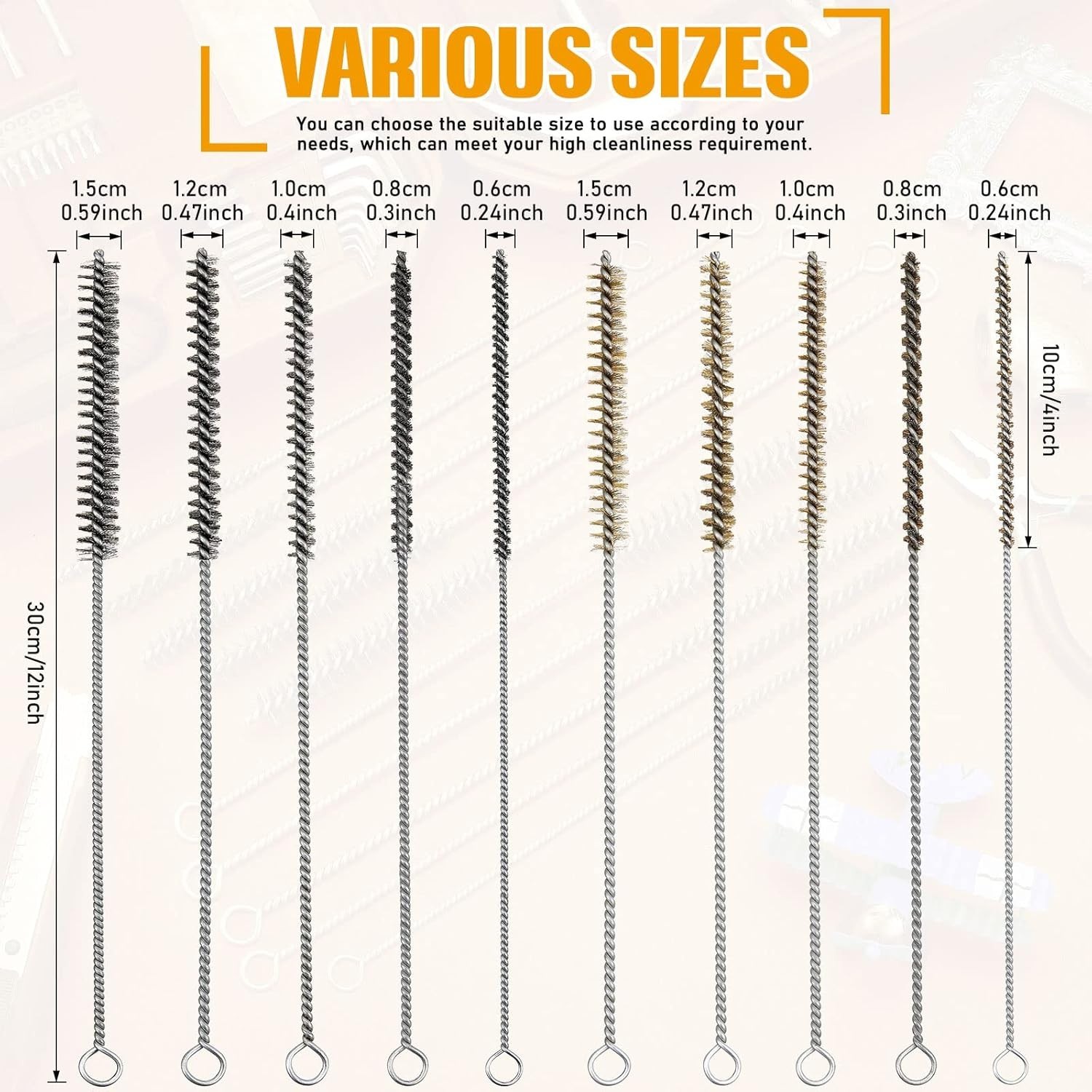 10 Pieces Wire Tube Brushes for Cleaning Pipe Brass Brush Stainless Steel Round