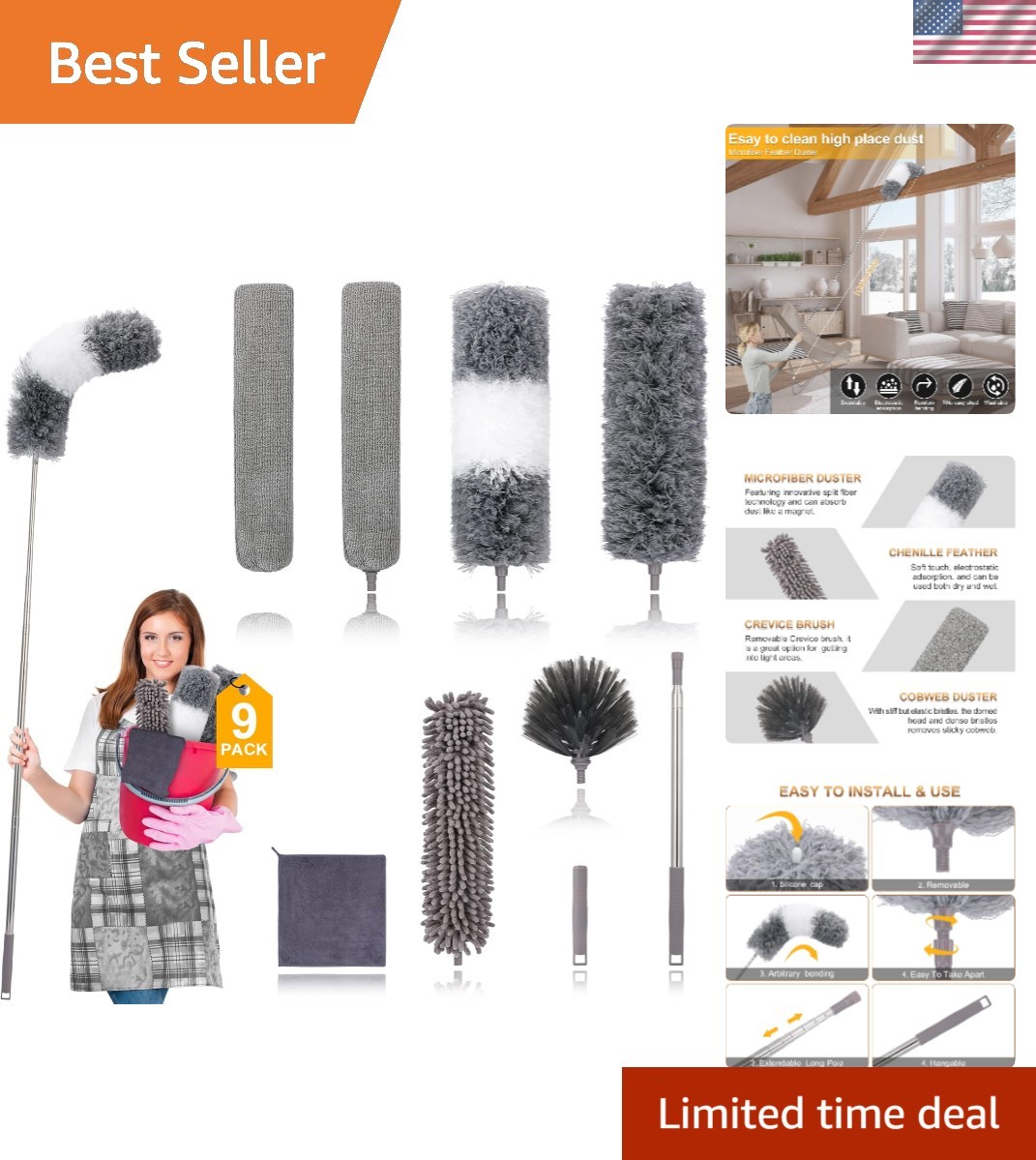 9PCS Extendable Microfiber Duster Kit – 30 to 100 Inches for Effortless Cleaning