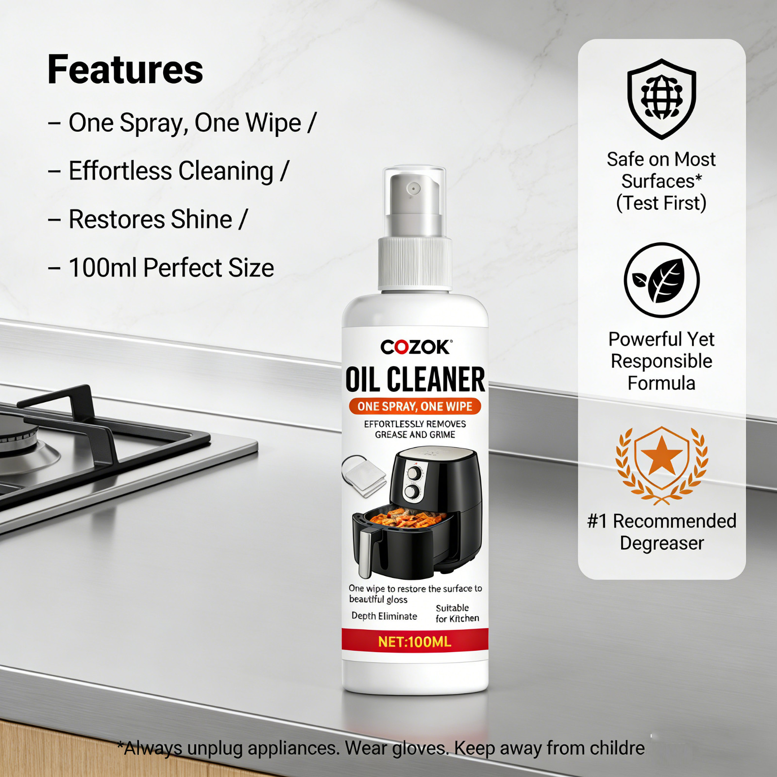 Kitchen All-Purpose Degreaser – One Spray One Wipe for Stove, Oven, Hood, Air Fr