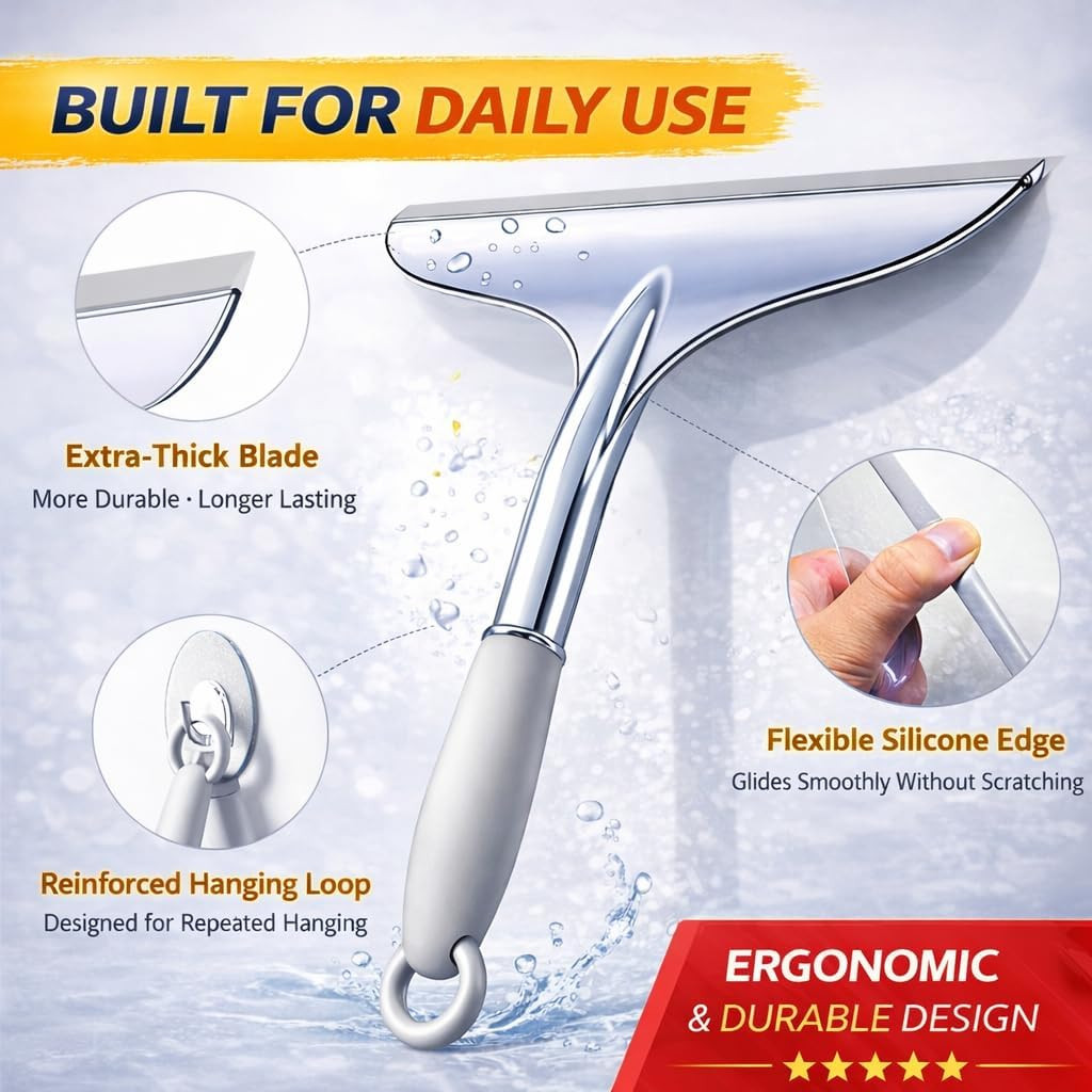 Shower Squeegee for Shower Glass Door Bathroom Tile and Mirror Streak-Free Rubb