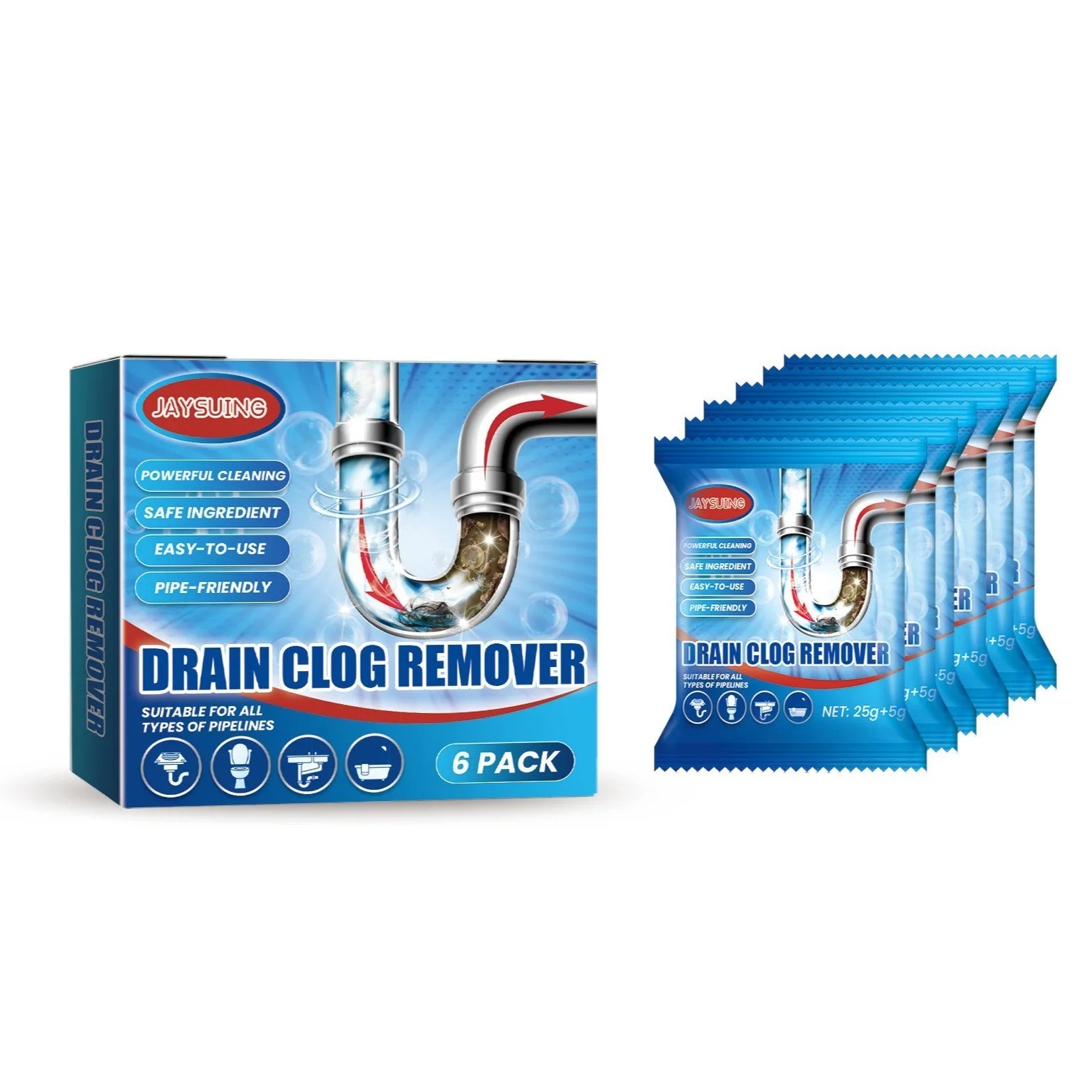 6PCS Drain Cleaner Powder Strong Clog Remover Kitchen Sink Deodorizer