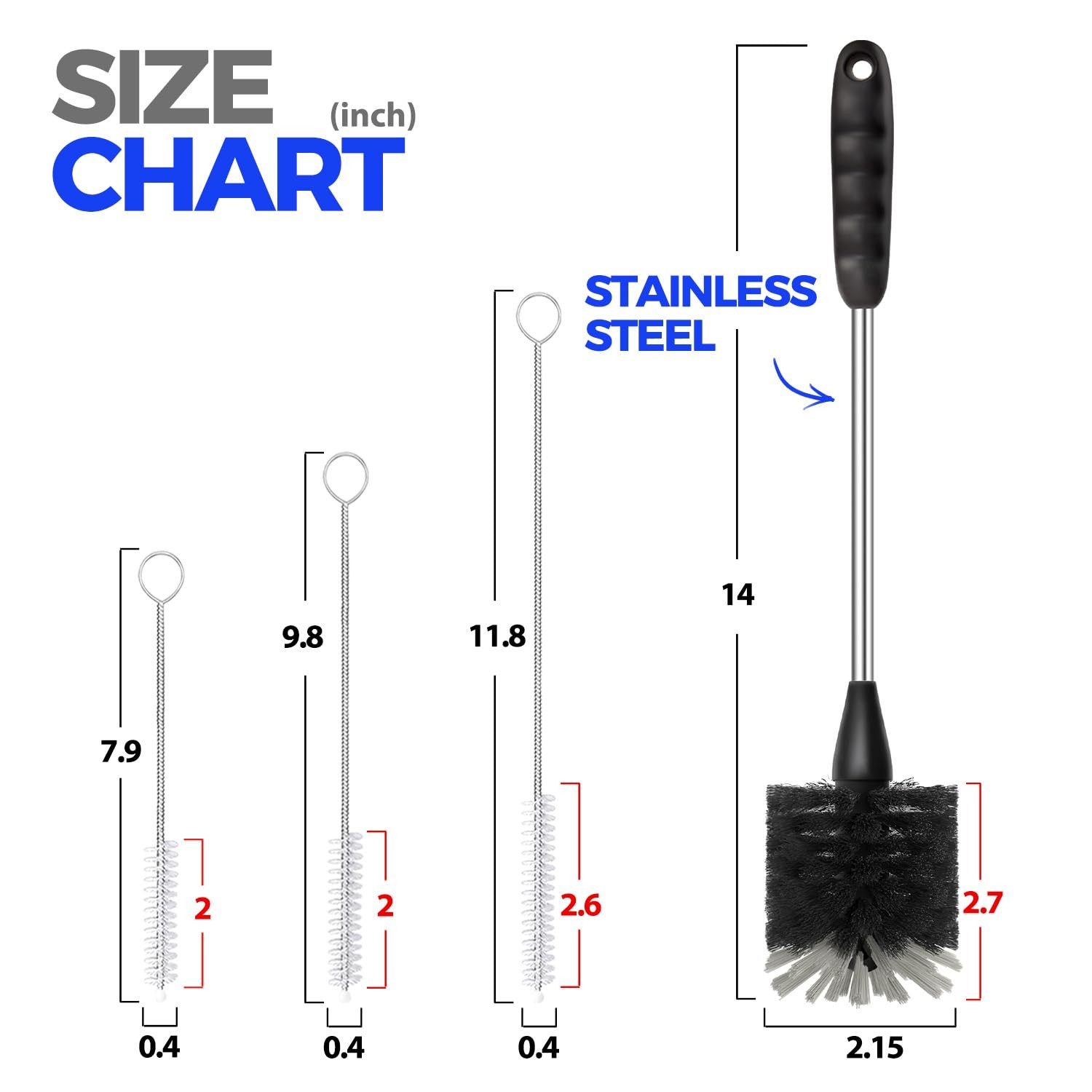 4 Pack Bottle Brush 14″ Stainless Steel Straw Cleaner Brush,Black