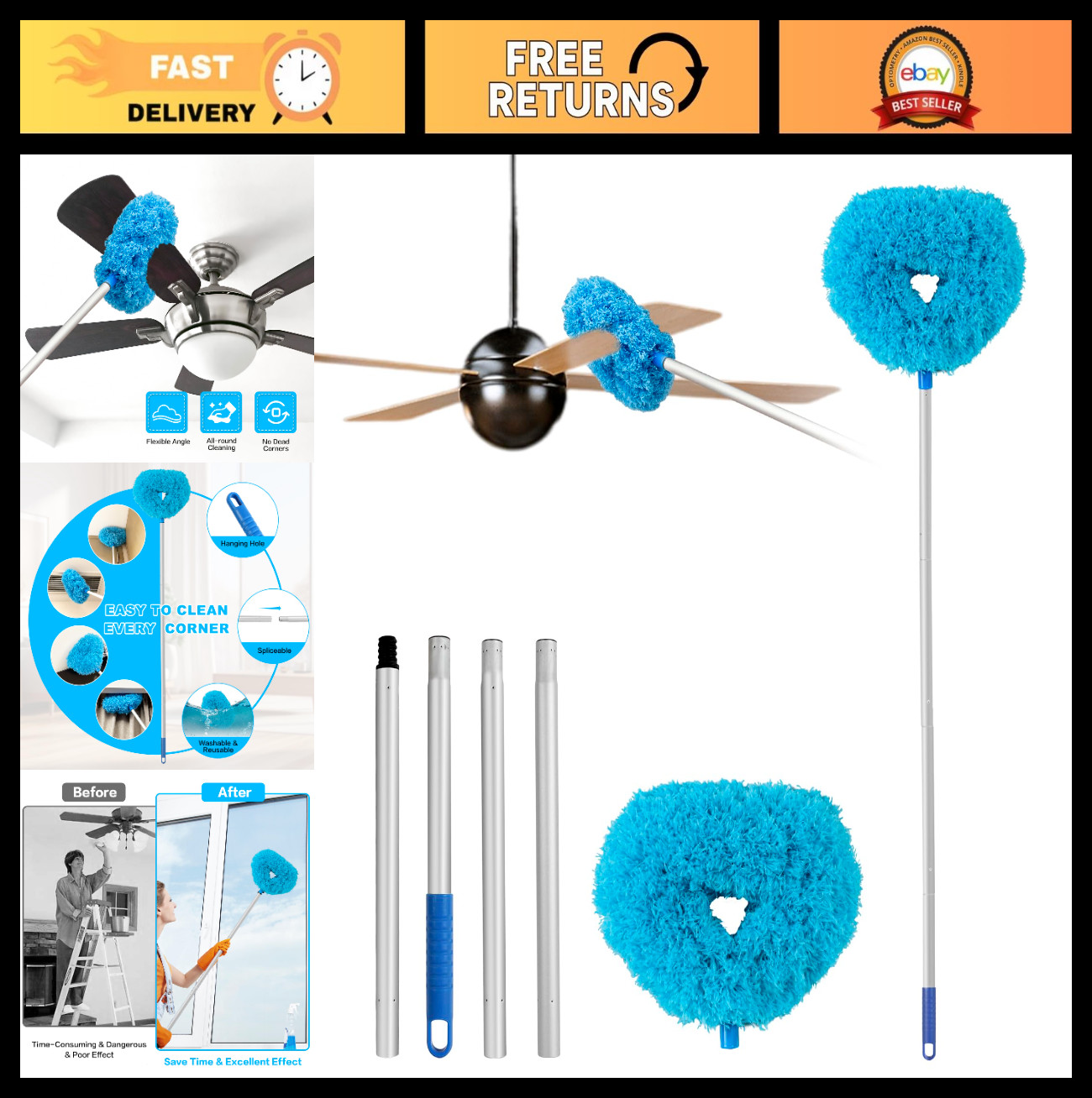 Reusable Microfiber Ceiling Fan Blade Cleaner with Extension Pole 13-49.7″ – Dus