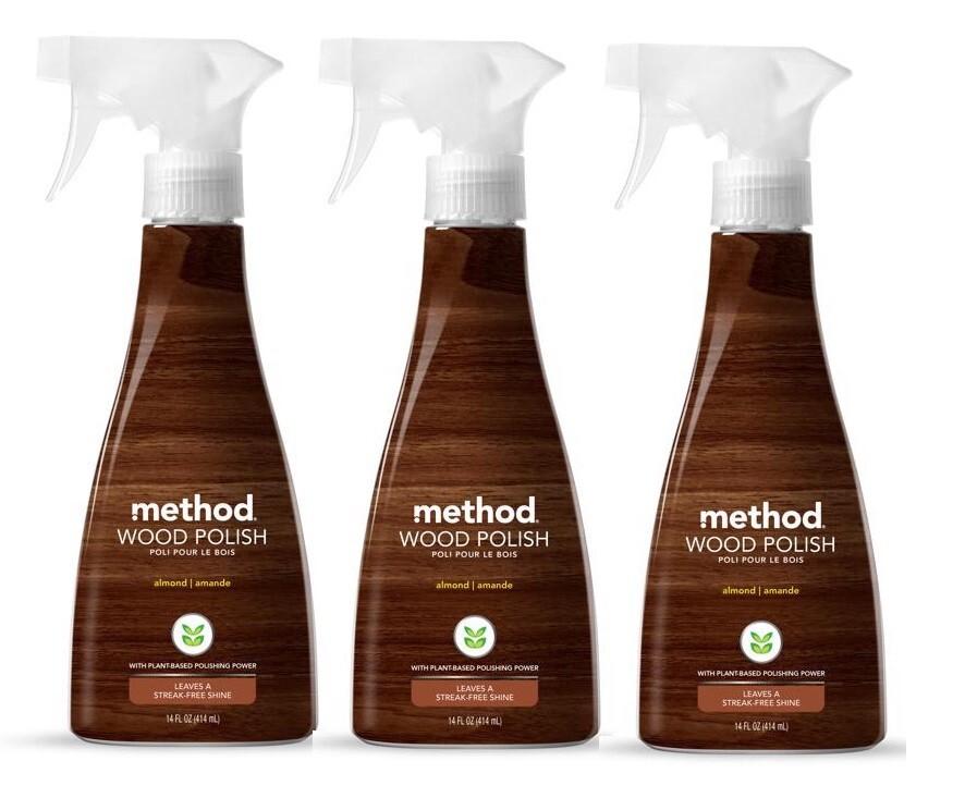 3 ~ Method Wood Polish Almond Scent Plant Based Leaves Streak-Free Shine 14 oz
