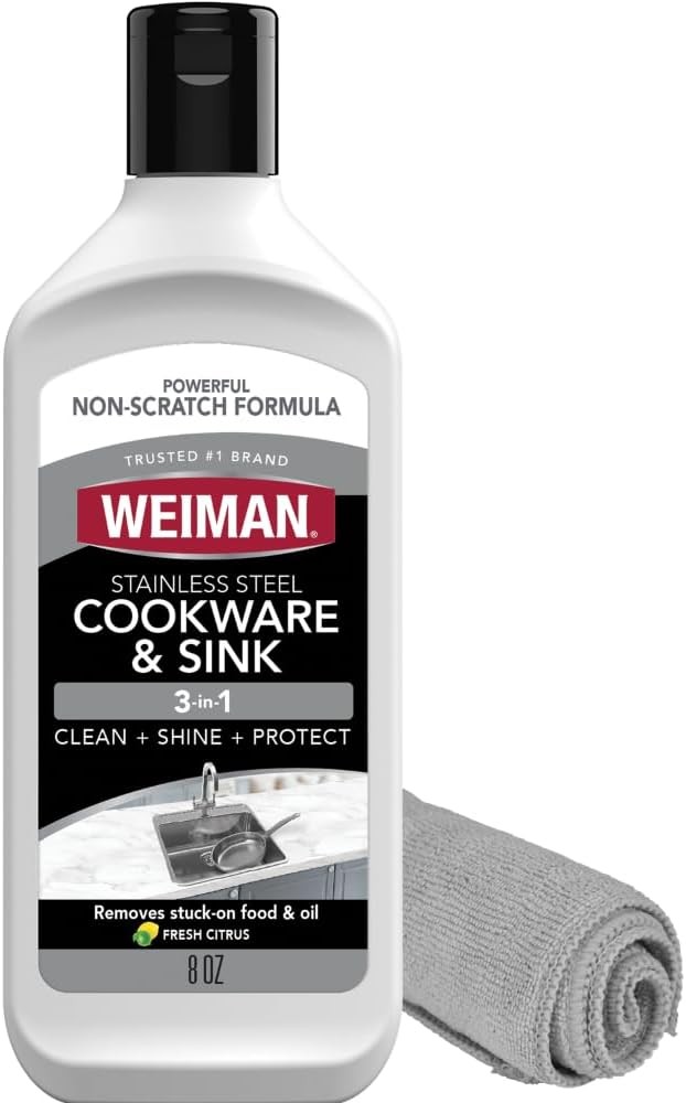 Stainless Steel Sink and Cookware Cleaner Polish with Microfiber Cloth – 8 Ounce