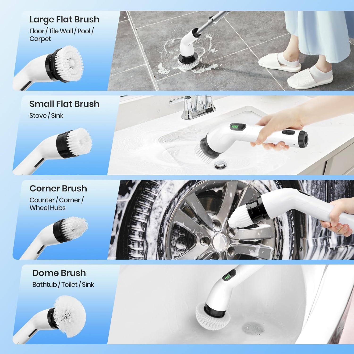Electric rotating cleaning brush, IPX7 waterproof rating, extended handle.