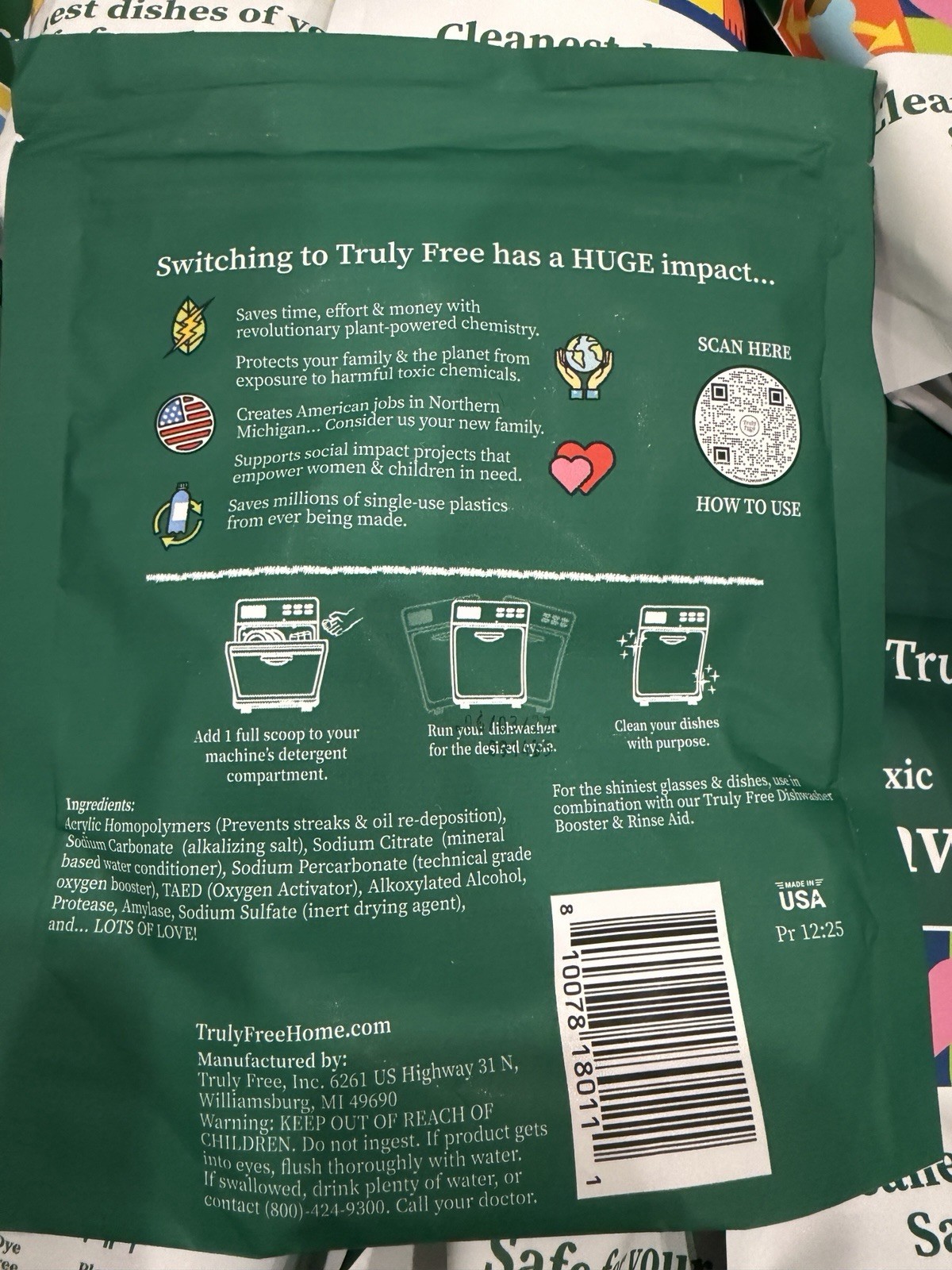 Truly Free Non-Toxic DISHWASHER SOAP 25 Loads/ea. *LOT Of 20 Packs 500 Loads