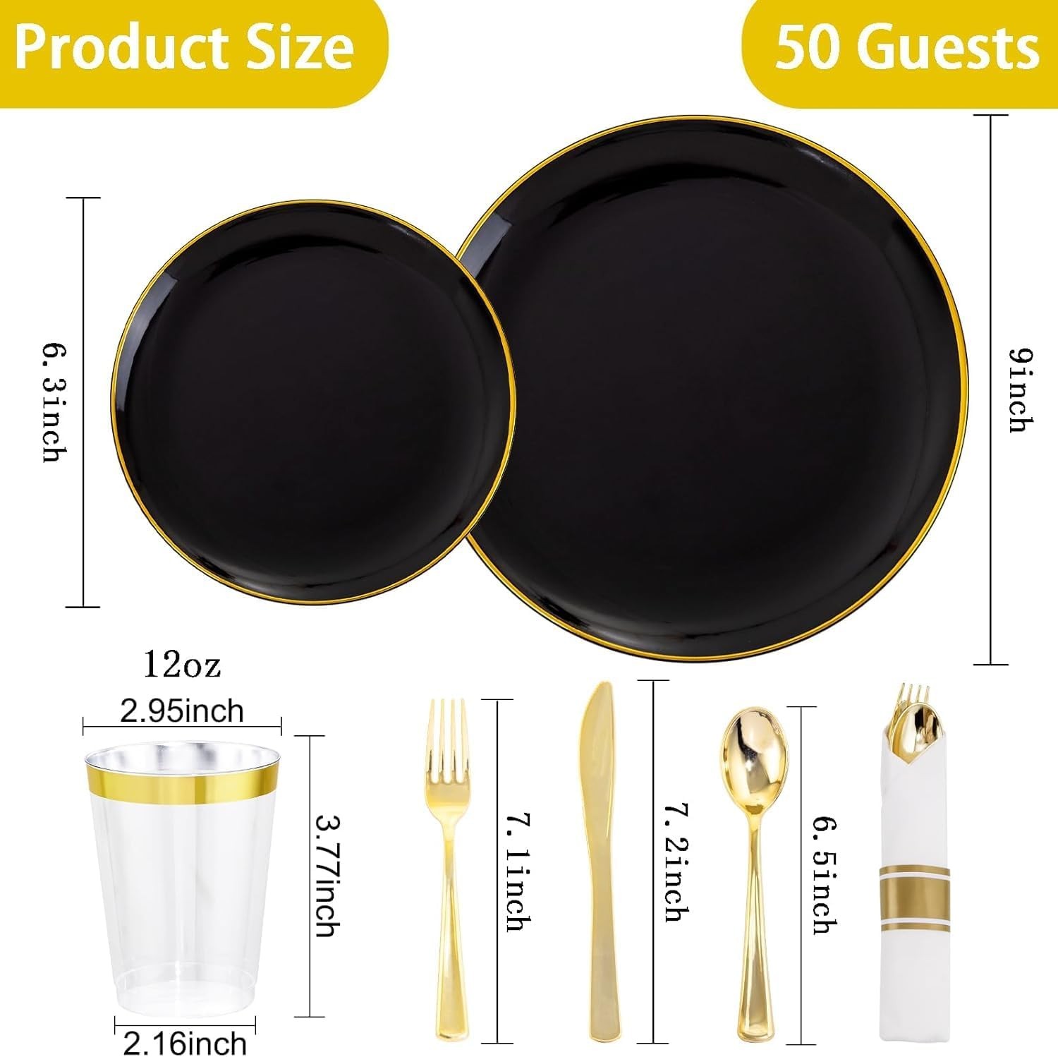 KIRE 350 PCS Plastic Dinnerware Set for 50 Guests – Black and Gold Plates 50 f