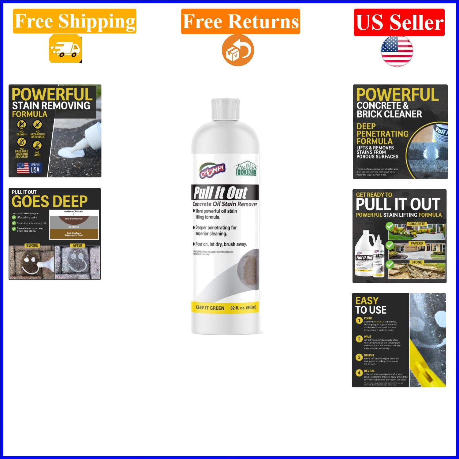 Pull It Out Oil Stain Remover 32oz – Biodegradable, Powerfully Cleans Concrete