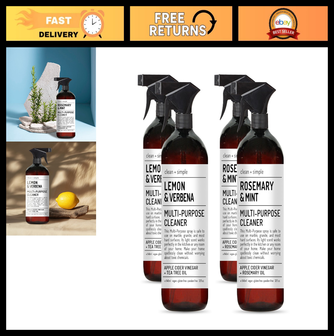 Multi-Purpose Cleaners Set of 4 | Apple Cider Vinegar, Rosemary, Tea Tree Oil |