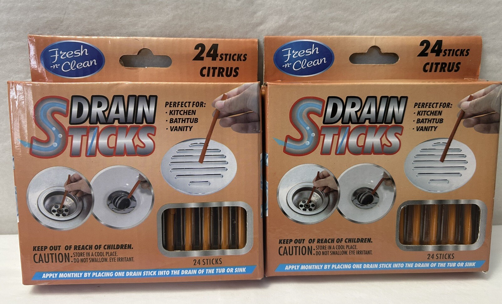 New Fresh -n- Clean Drain Odor Sticks Citrus Scent 2-PACK 48 Sticks Total